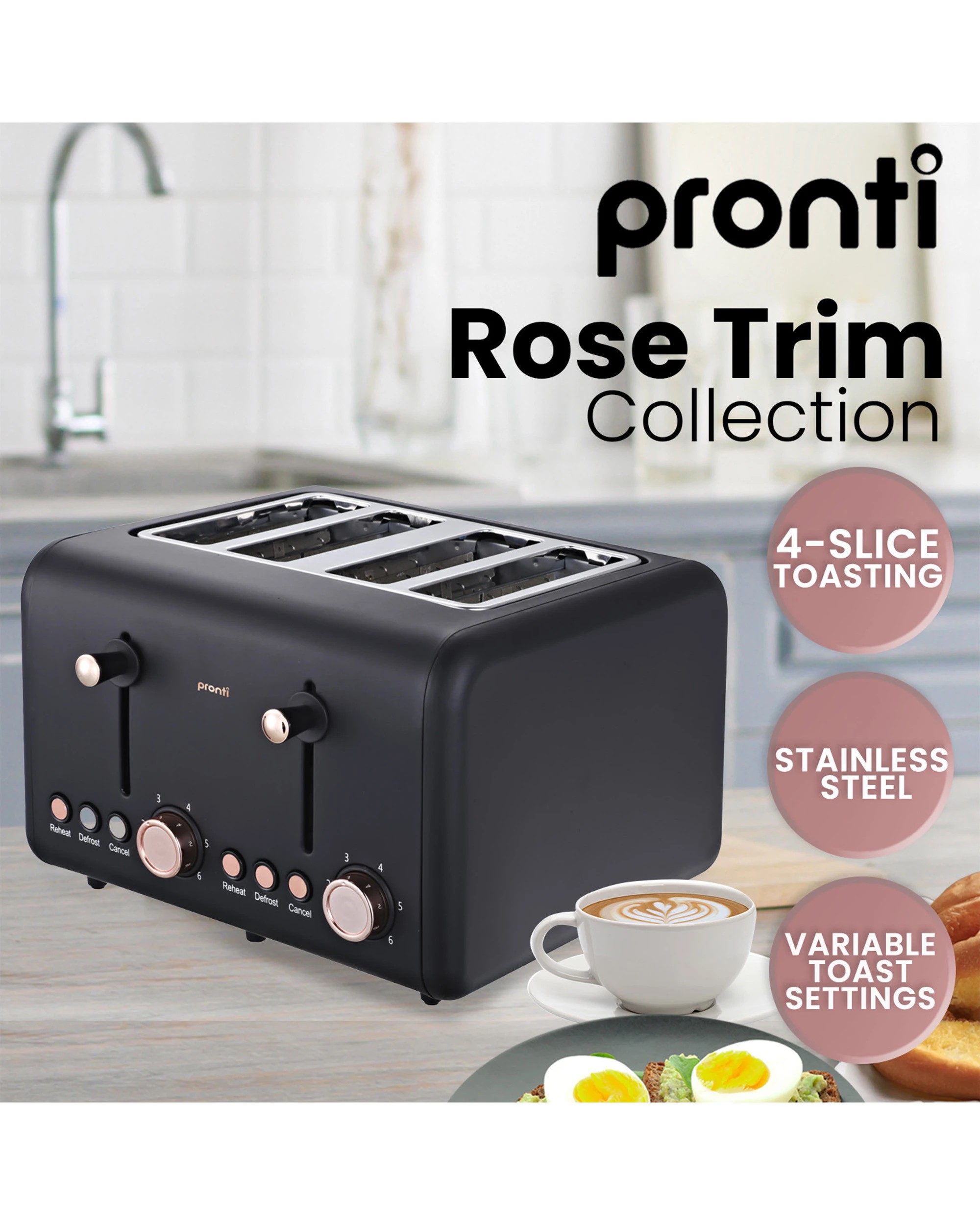 3 Pronti 3-in-1 Breakfast Set Kettle, 4-slice Toaster And Pronti Homemaid Coffee Machine Appliance Combo In Black, 3 of 10