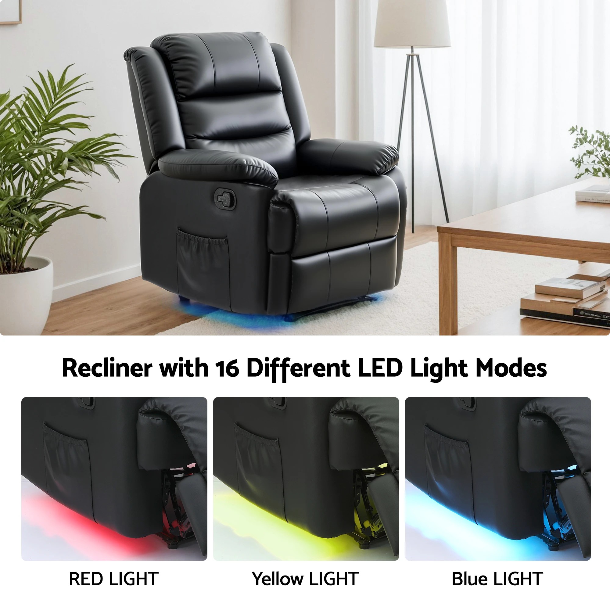 4 Artiss Manual Recliner Chair Leather Reclining Sofa with 16color Led - Black, 4 of 6