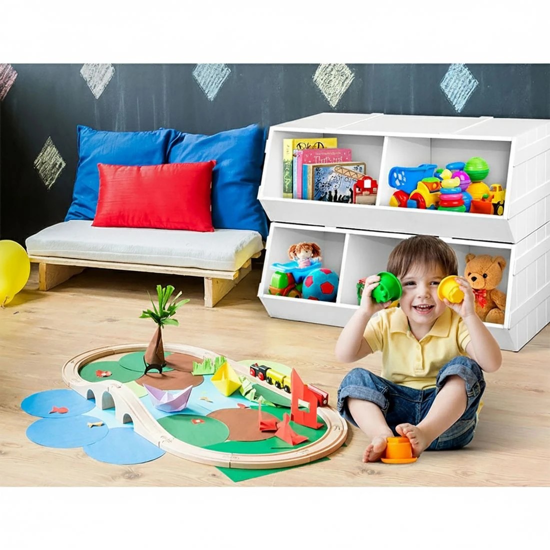 5 Keezi Kids Toy Box Bookshelf Storage Bookcase Organiser Display Stackable - White, 5 of 7