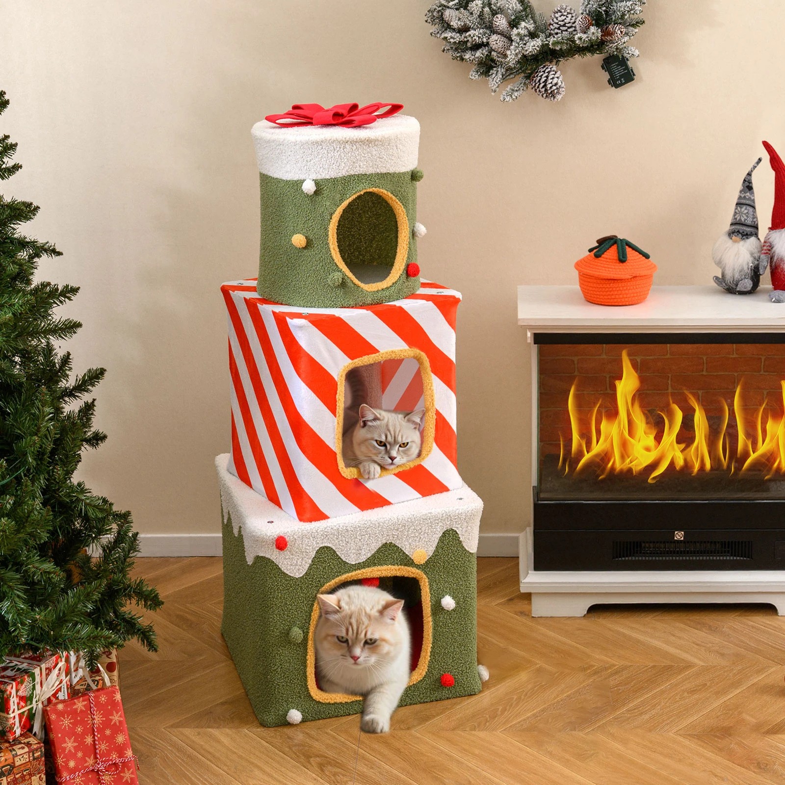 5 Costway 120cm Christmas Cat Tree Large Stackable Gift Box Cat Climbing Furniture, 5 of 7
