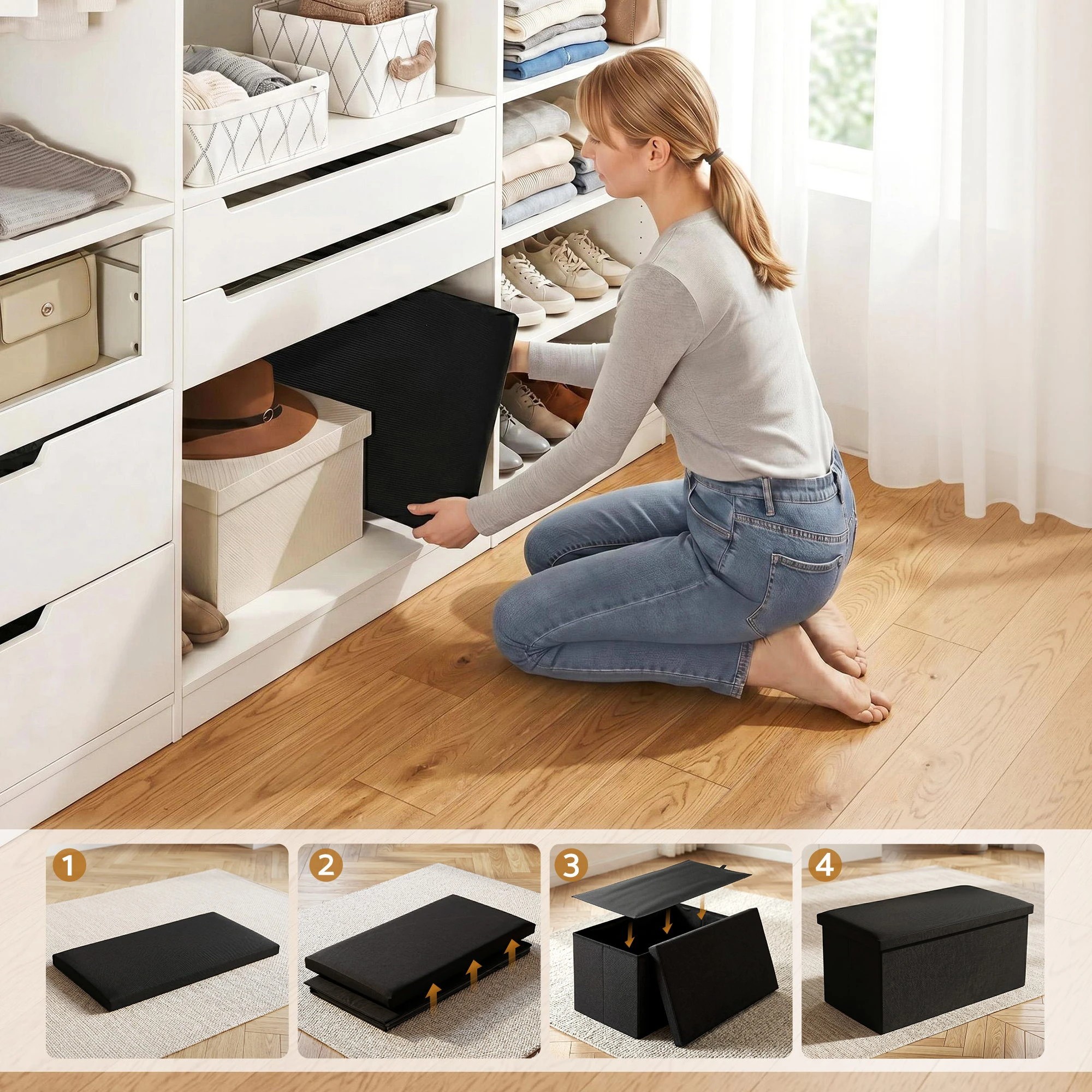 4 Artiss Storage Ottoman Bench Folding Blanket Box Toy Organiser Foot Stool - Black, 4 of 7