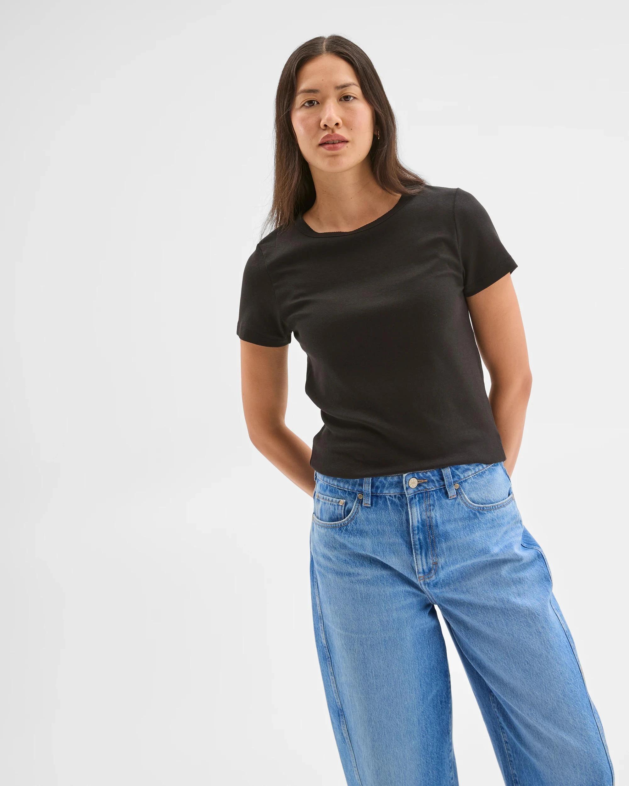 3 Target Woman Short Sleeve Picot Trim T-Shirt BLACK, 3 of 5