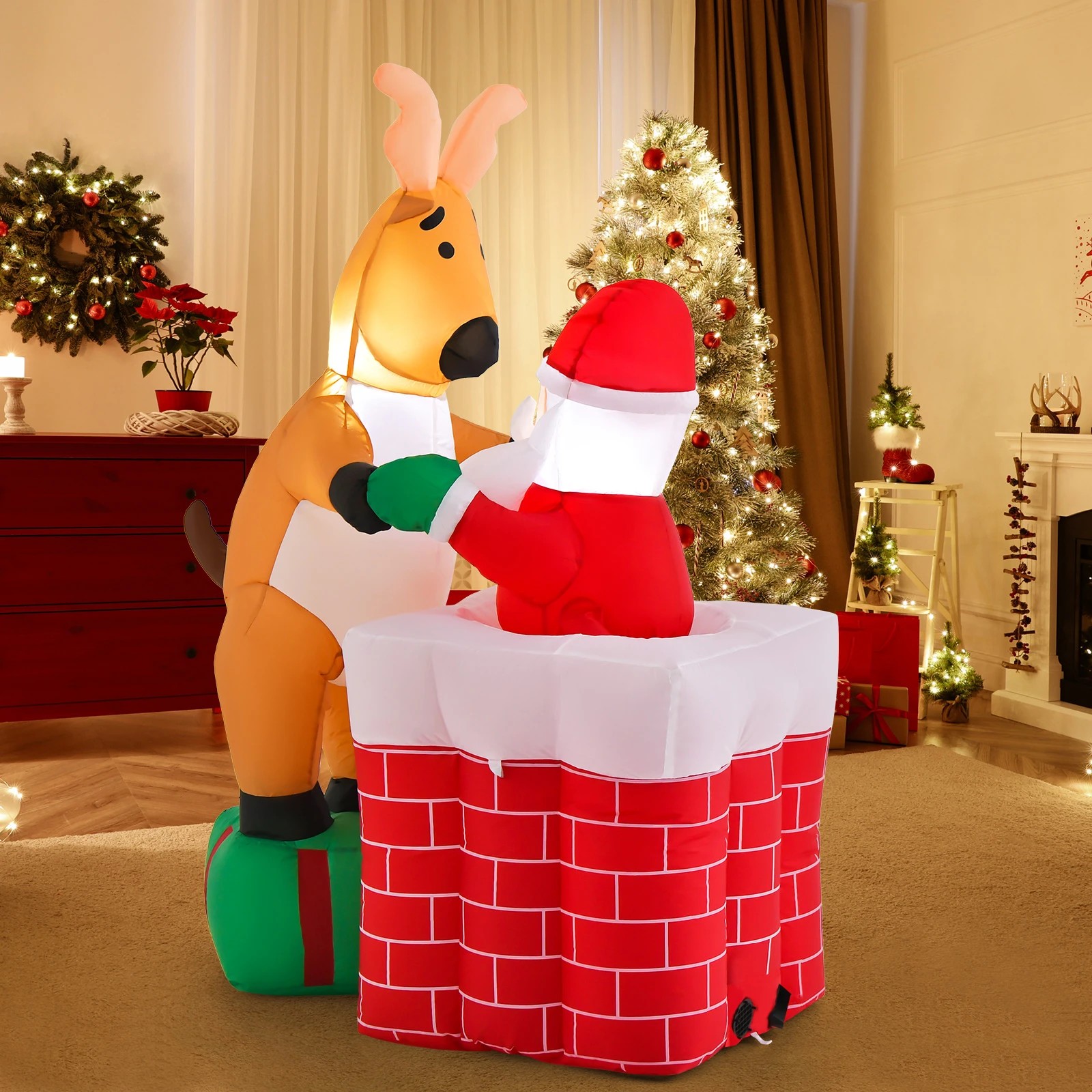 2 Costway Christmas Inflatables LED Decoration Pop up Santa Claus Climbing Chimney & Reindeer Xmas Gift - Red, 2 of 2