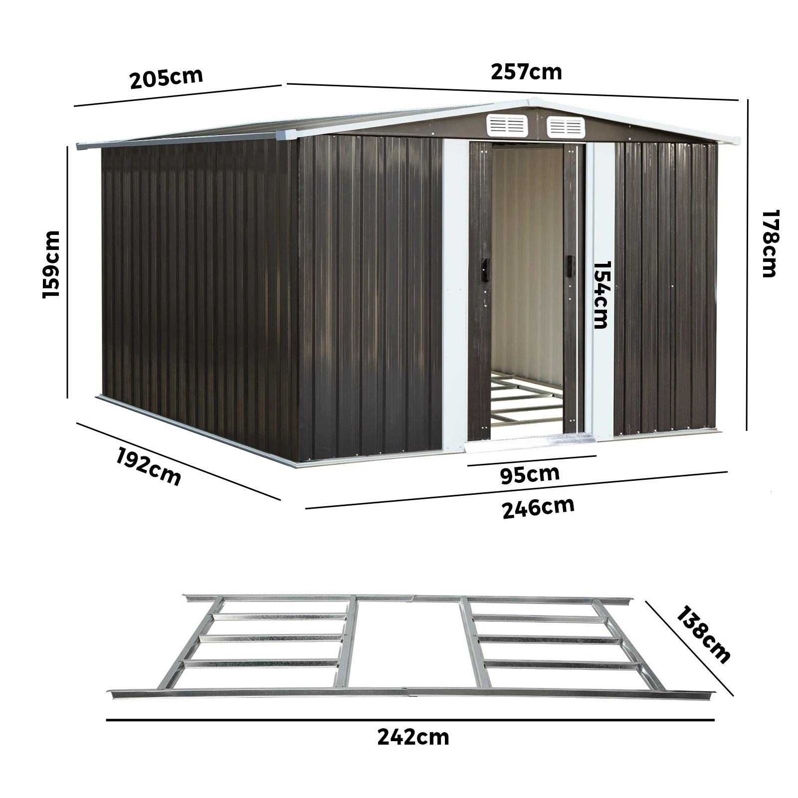 2 Livsip Garden Shed Outdoor Storage Sheds 2.57x2.05M Workshop Cabin Metal Base - Grey, 2 of 8