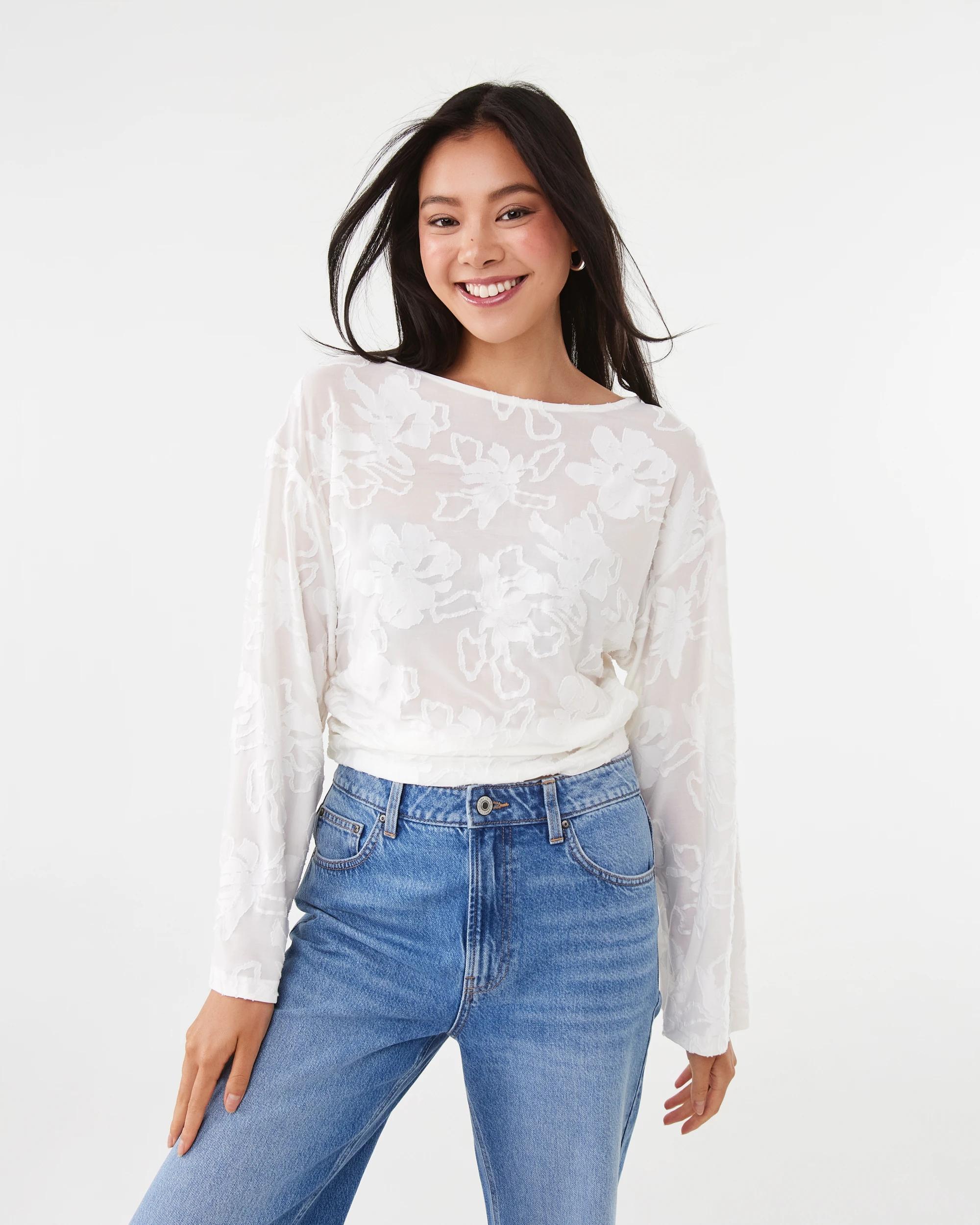 1 Long Sleeve Jacquard Top Cld White, 1 of 7