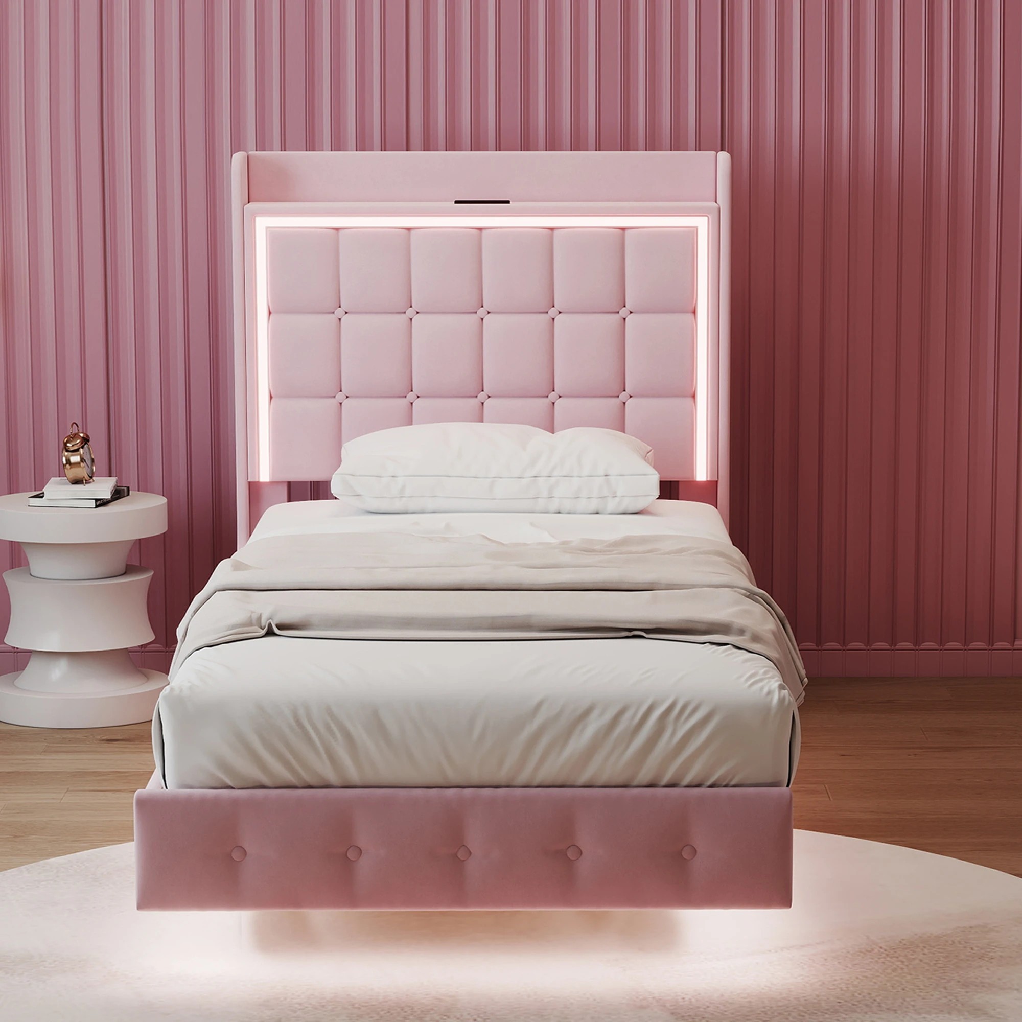 8 Levede Single Bed Frame with LED and Charging Station - Pink, 8 of 9