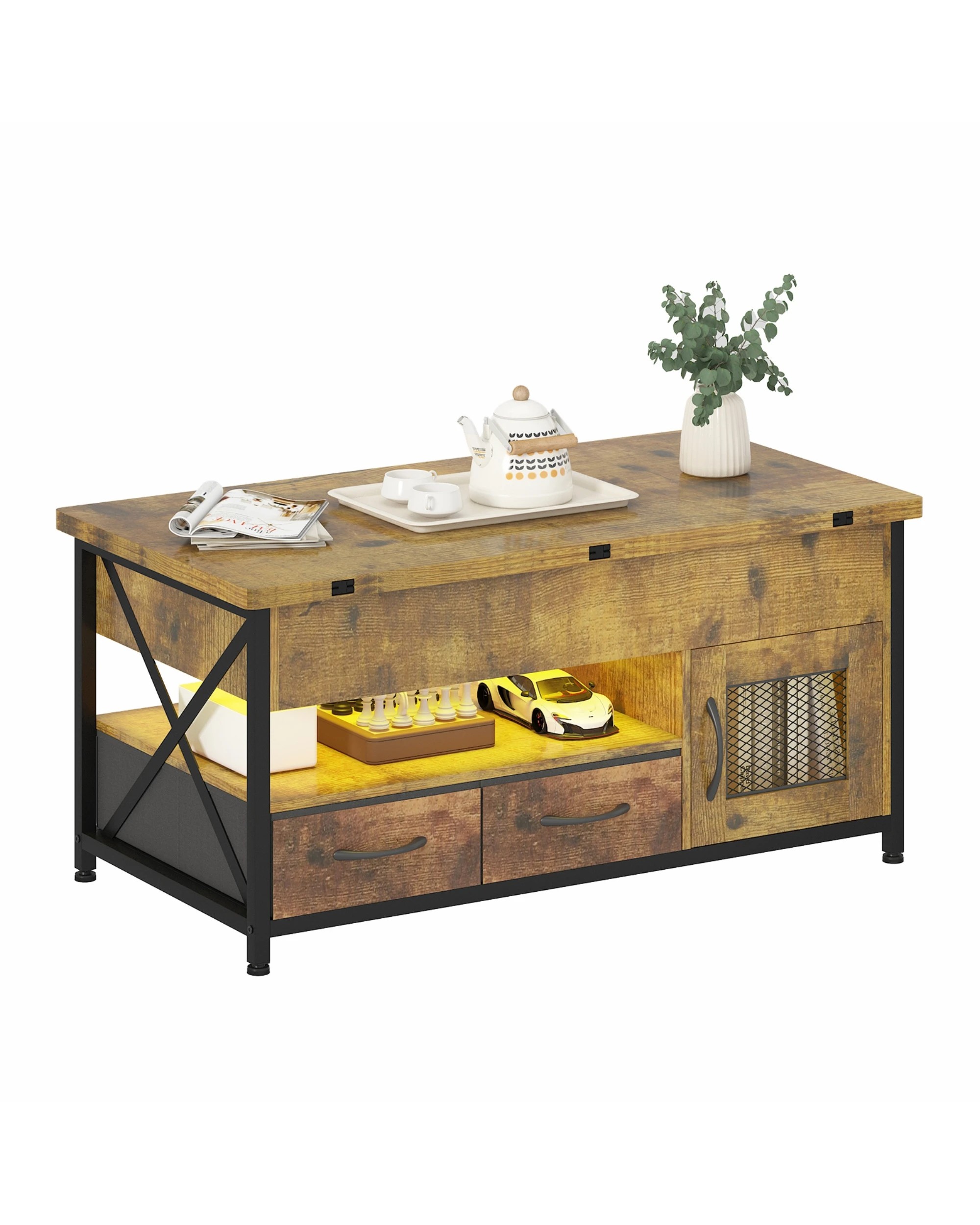 7 Advwin 4-in-1 LED Lift Top Coffee Table w/ Hidden Compartment & Display Shelf Rising Center Table w/ & Drawer & Cabinet, 7 of 10