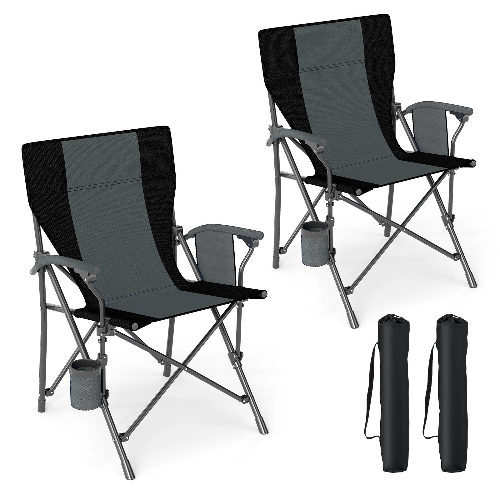 1 Costway 2x Folding Camping Chair Fishing Picnic Chair Outdoor Seat w/Cup Holder & Carry Bag - Black, 1 of 1