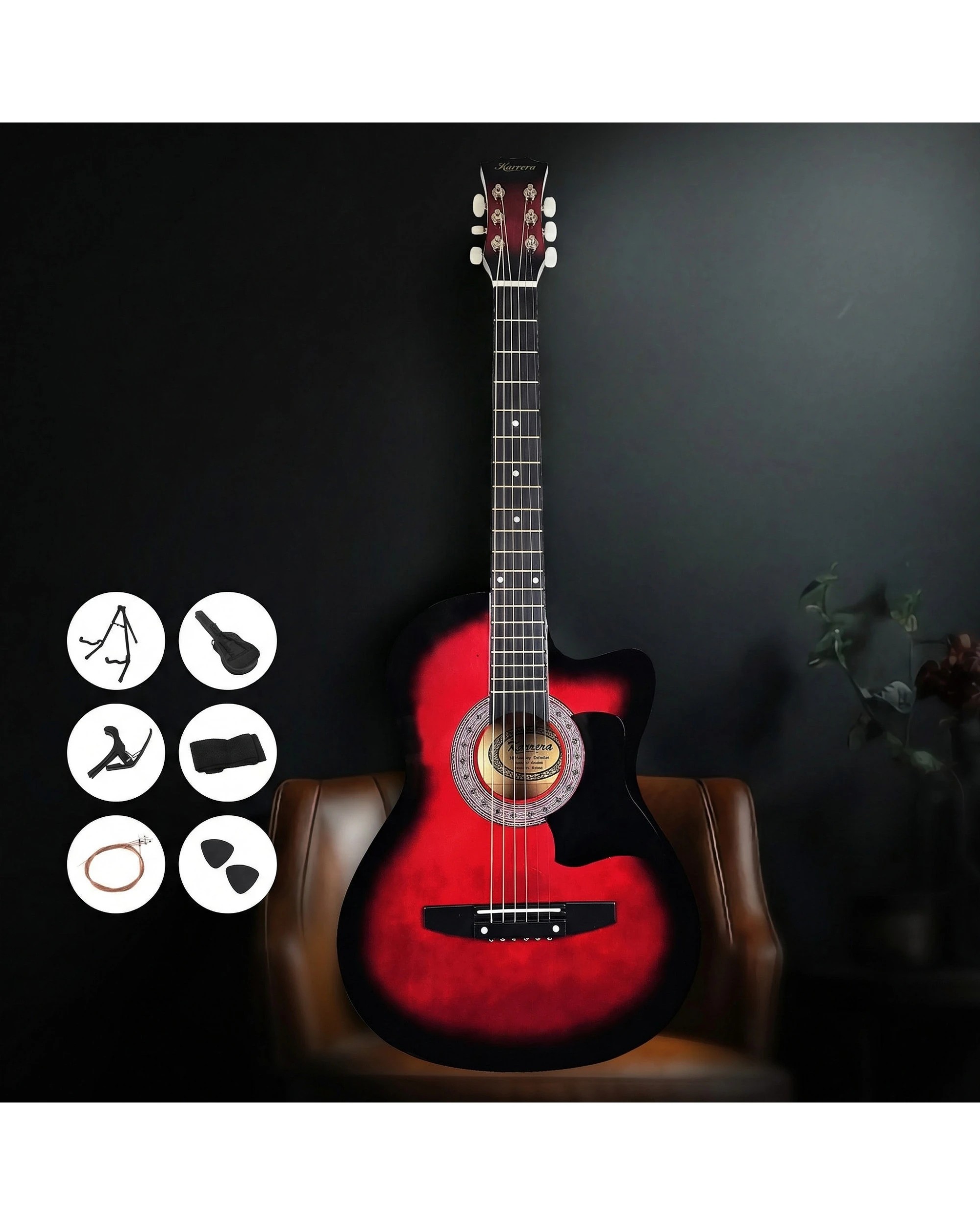 5 Karrera 38in Pro Cutaway Acoustic Guitar with Guitar Bag in Red Burst - Red, 5 of 10