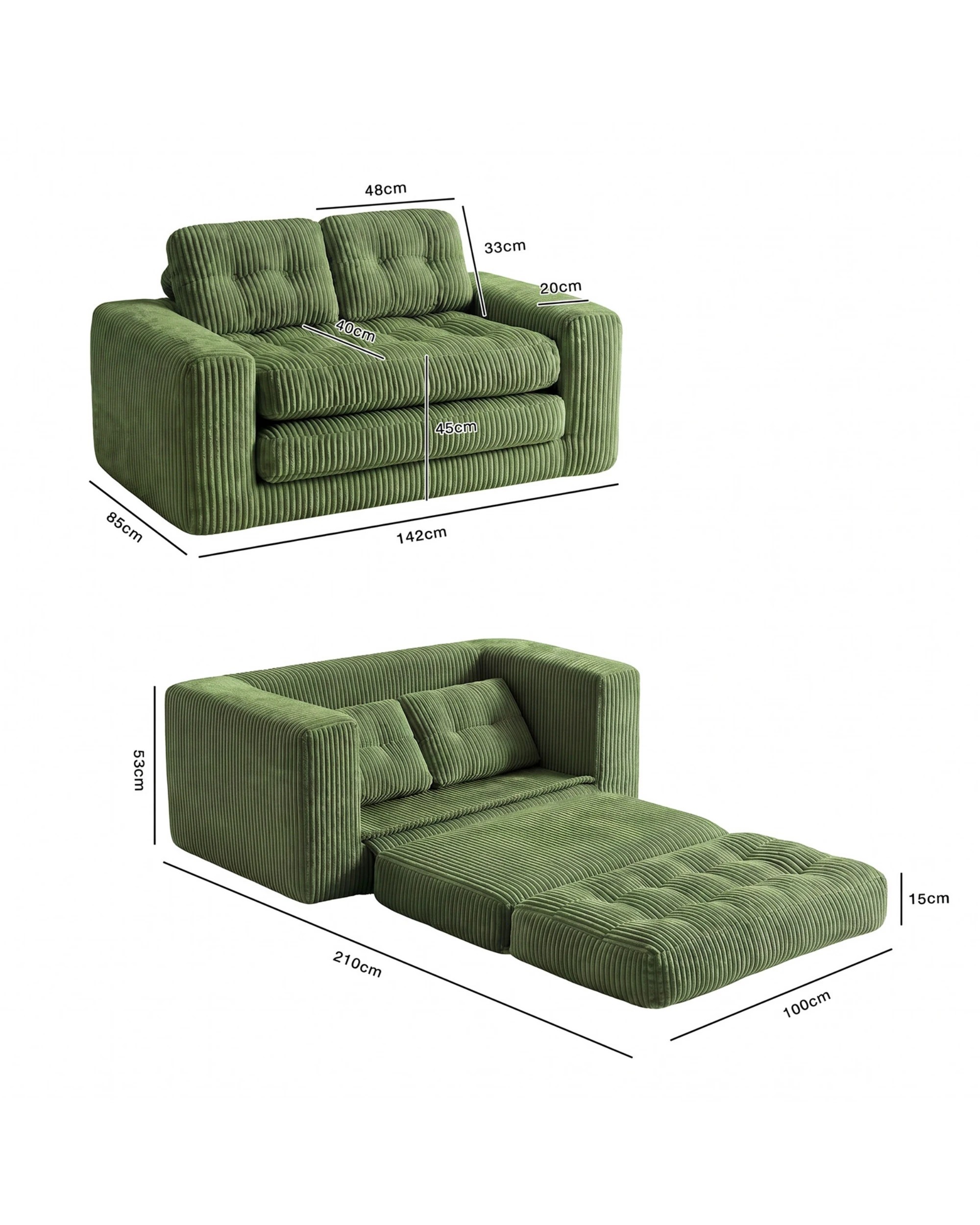 2 Advwin Folding Sofa Bed 2 in 1 Convertible Floor Loveseat Sofa Fold Out Corduroy Sleeper Couch with 2 Pillows - Green, 2 of 8