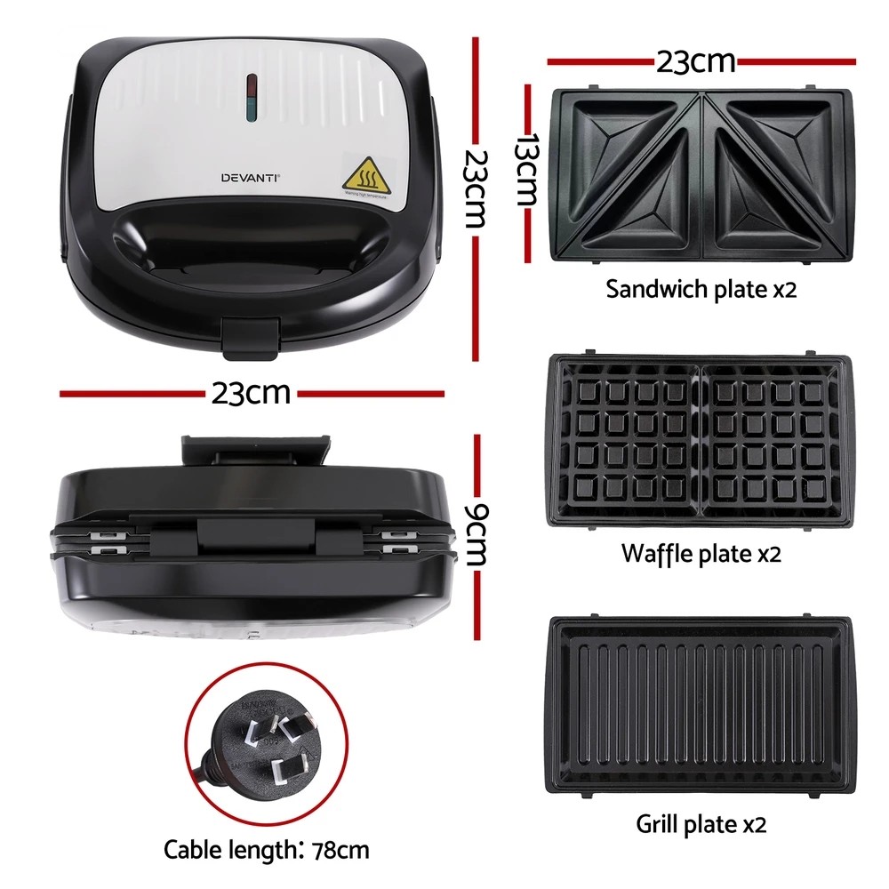 2 Devanti 3-in-1 Sandwich Press Waffle Maker Panini Press Grill - Black, 2 of 7