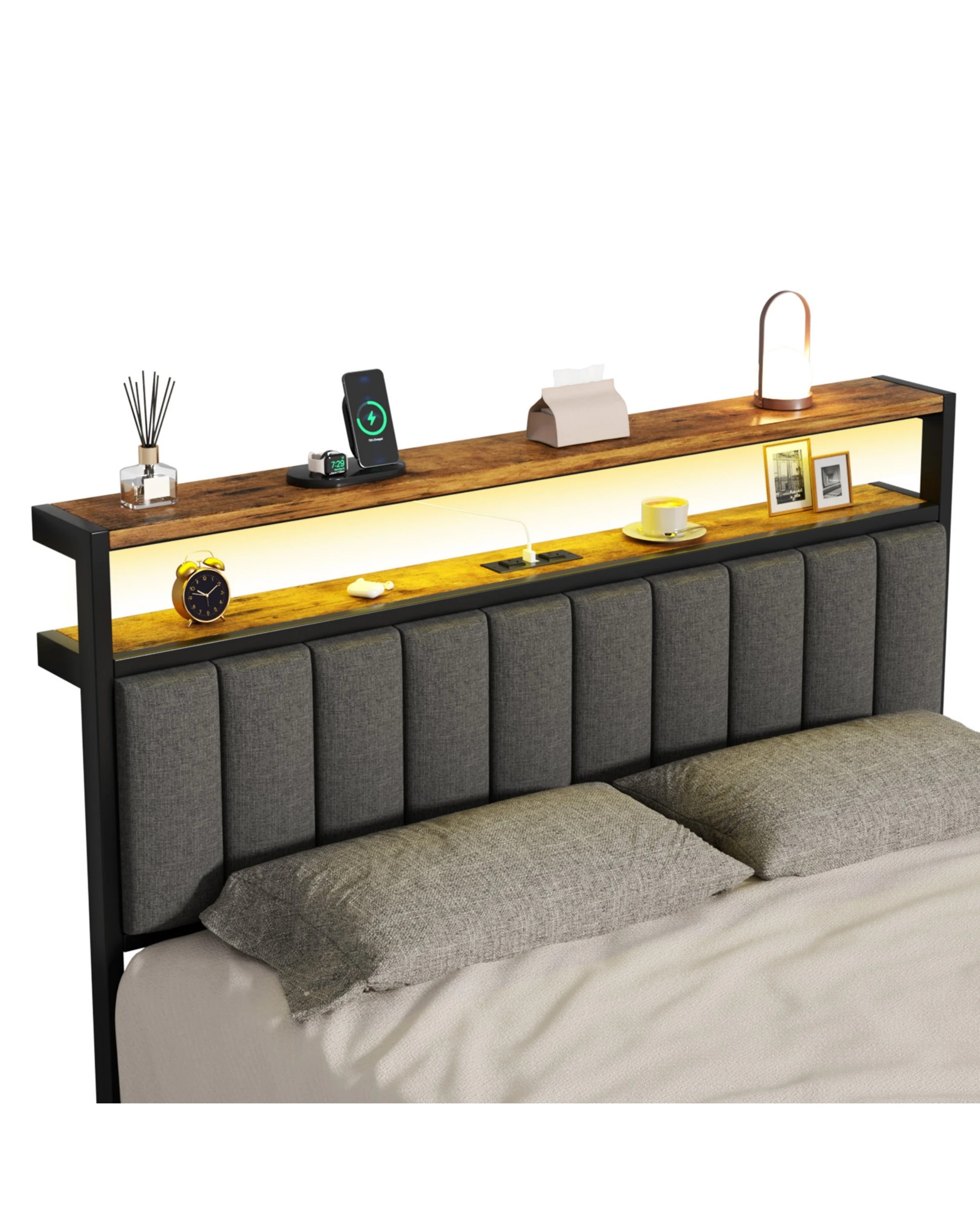 4 Advwin Double Bed Frame with RGB LED and Charging Station - Grey, 4 of 8