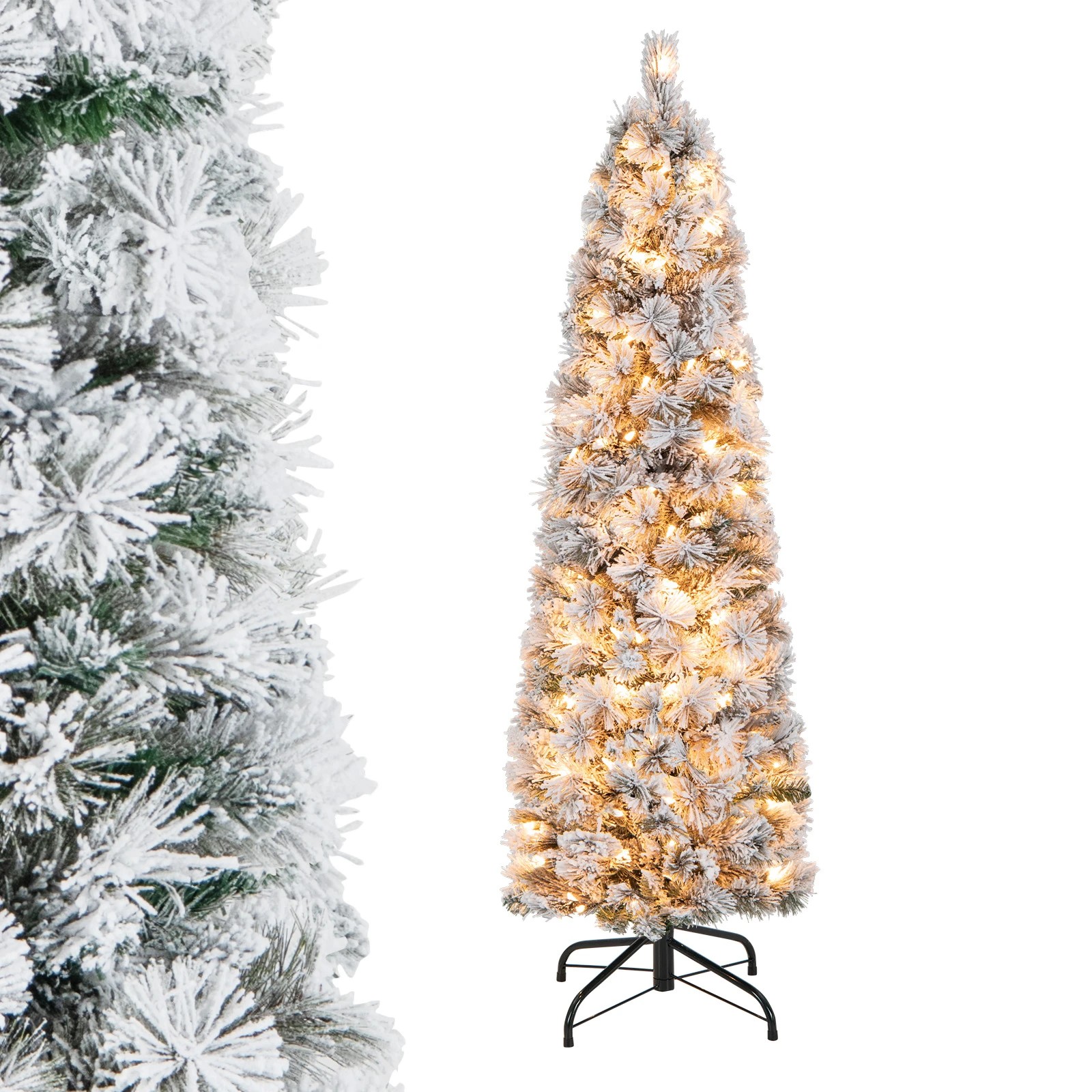 2 Costway 145cm Slim Christmas Tree Pine Needles Flocked Xmas Tree w/100 LED Lights, 2 of 2