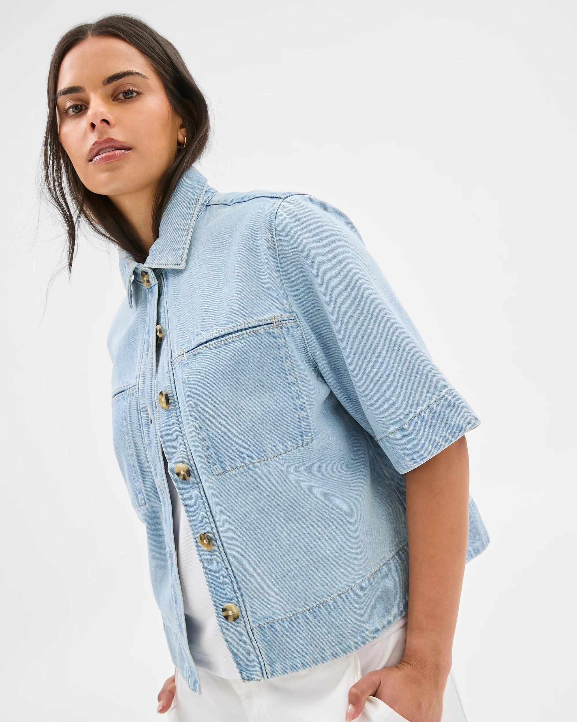 3 Target Denim Denim Short Sleeve Shacket SUNBLEACHED, 3 of 7