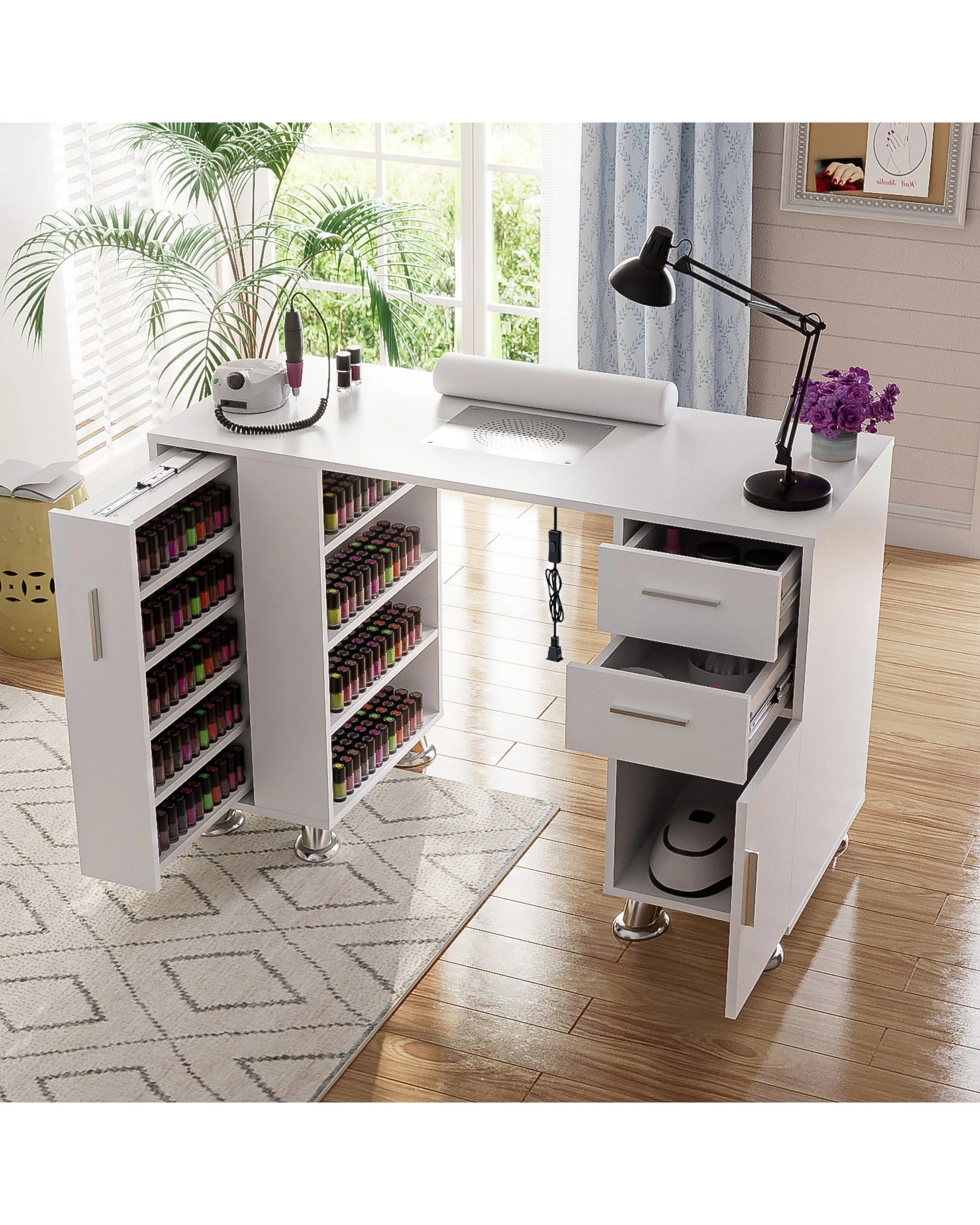 2 Advwin Manicure Table Nail Tech Desk Dressing Table Dust Collector Drawers Cabinet Storage
 - White, 2 of 8