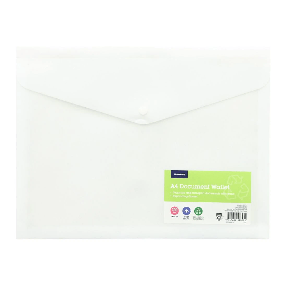 1 J.Burrows A4 Button Document Wallet White, 1 of 5