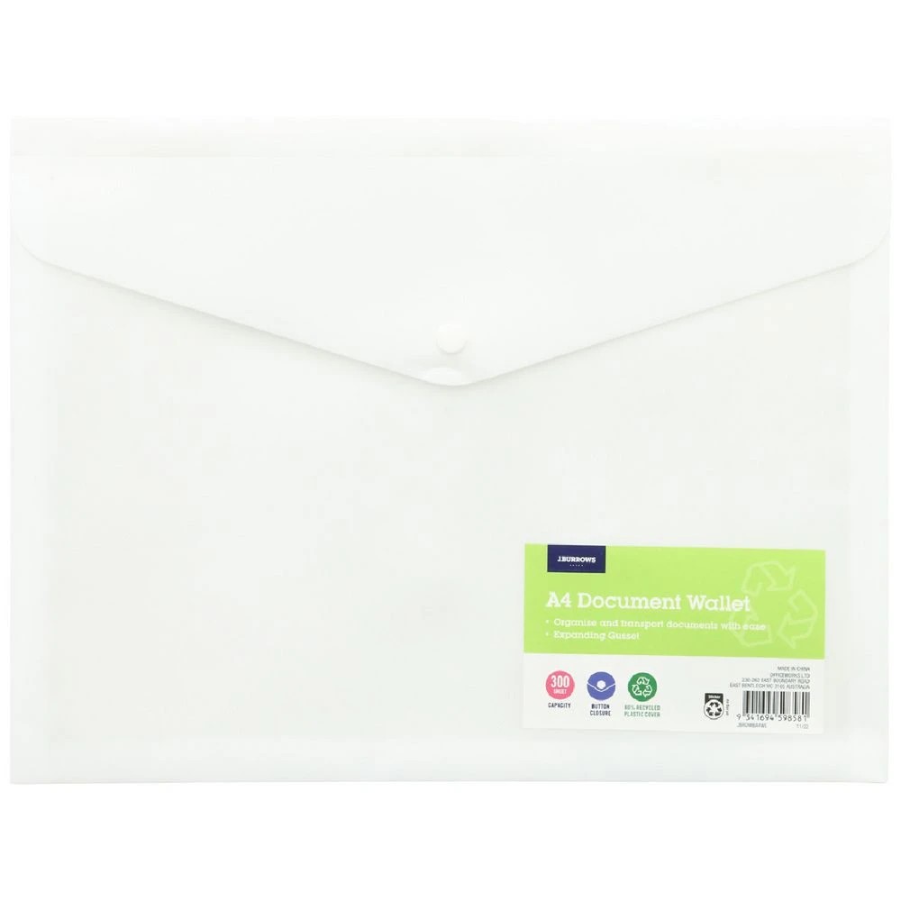 1 J.Burrows A4 Button Document Wallet White, 1 of 5