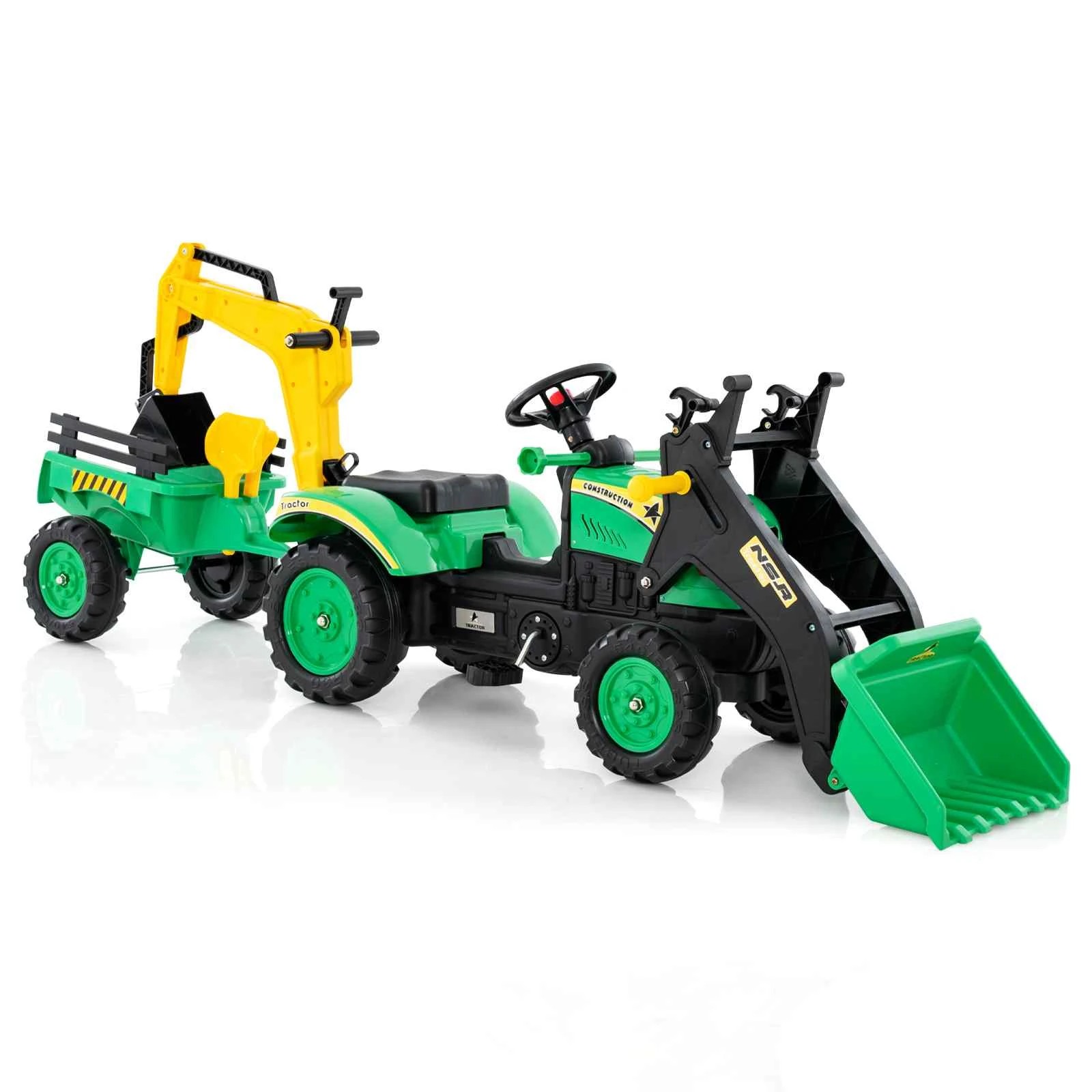 1 Costway 3 in 1 Kids Ride On Excavator Pedal Car Bulldozer Toy Tractor - Green, 1 of 2