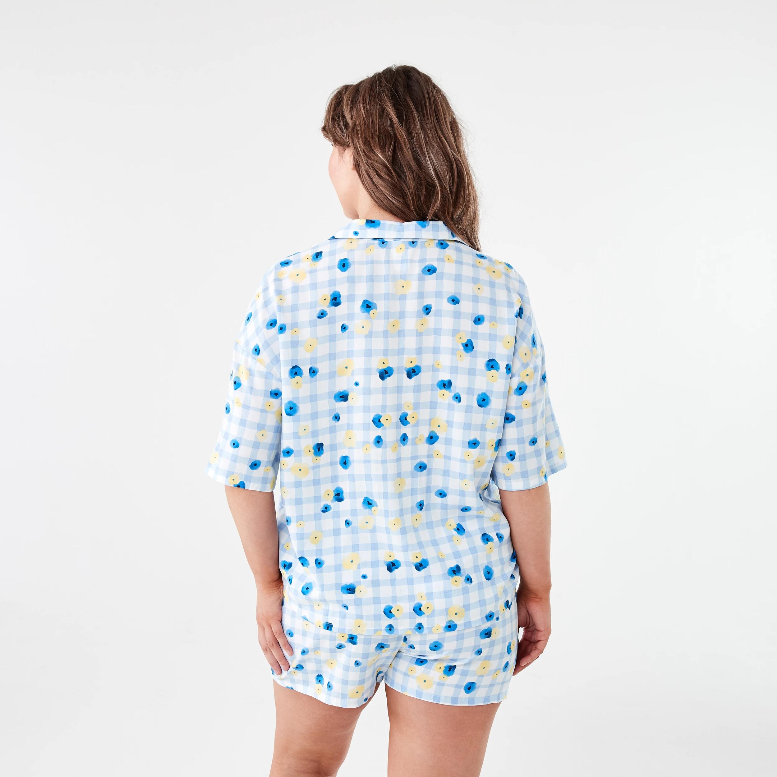 3 Short Sleeve Top and Shorts Woven Boxy Pyjama Set PANSY GINGHAM HALOGEN BLUE, 3 of 7