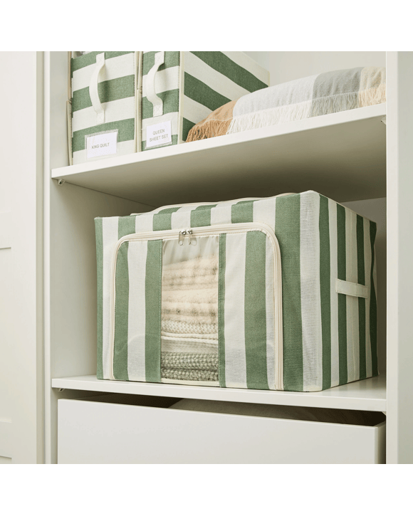 Linen Look Collapsible Box with Window - Large, Green Stripe