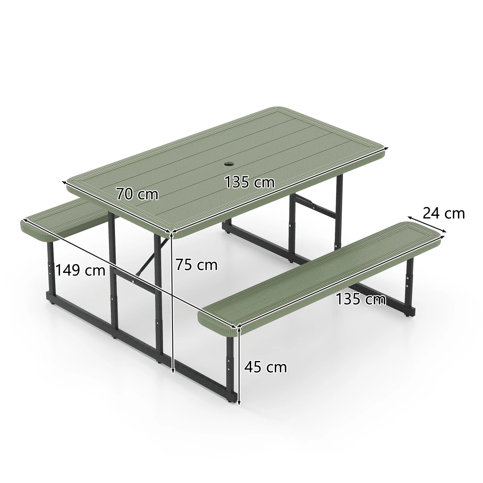 2 Costway 2-4 People Picnic Table Bench Set w/Umbrella Hole Outdoor Camping Table & Chairs - Green, 2 of 3