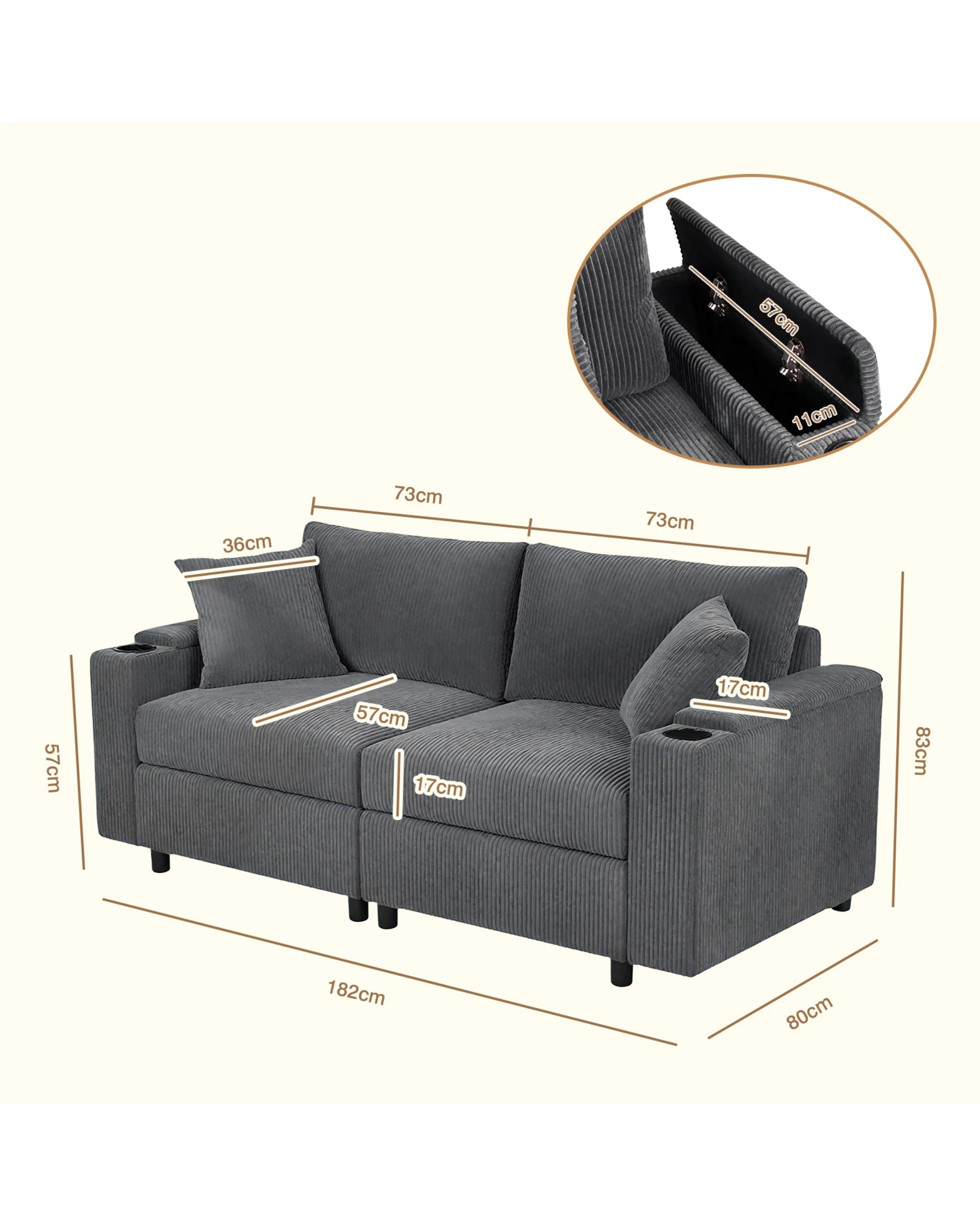 9 Advwin 182cm 2 Seater Sofa Corduroy Modular Lounge Couch w/ Storage Armrests & Cup Holder, 9 of 9