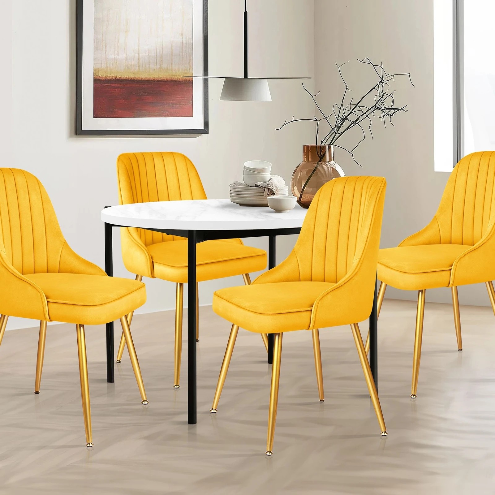 3 Alfordson 2x Dining Chairs Kitchen Accent Lounge Padded Tufted Seat Velvet - Yellow, 3 of 10