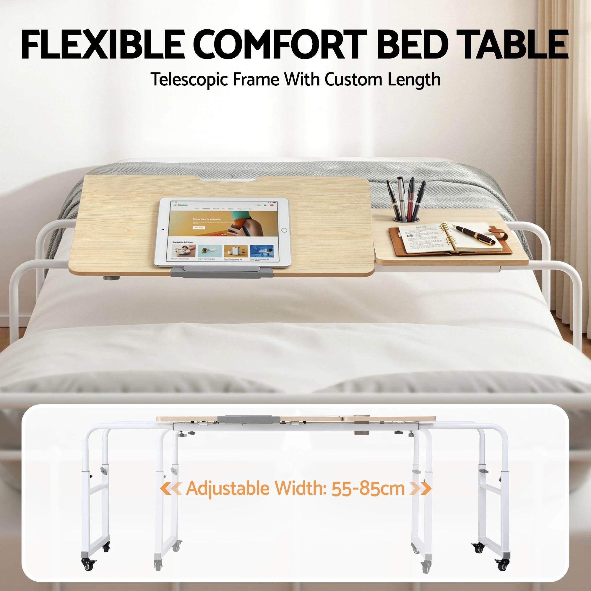 5 Artiss Mobile Laptop Desk Overbed Table Adjustable Computer Stand Bedside Cart - Natural, 5 of 6