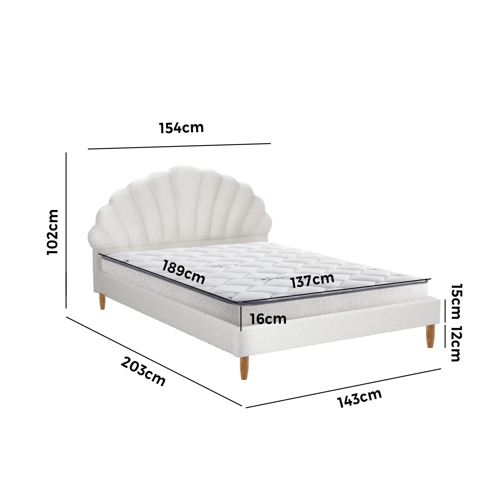 2 Oikiture Bed Frame Double Size Scallop-Shape Bedhead Boucle with Mattress - White, 2 of 8
