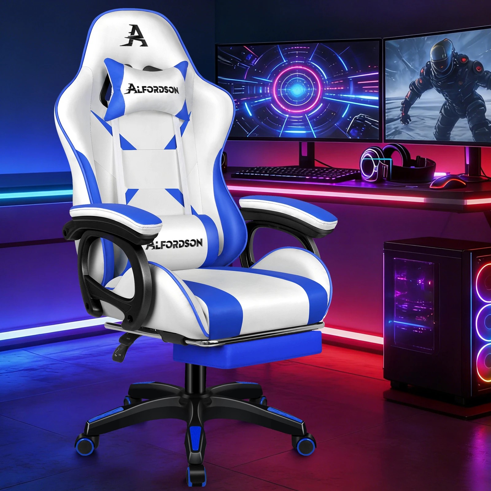 4 Alfordson Gaming Office Chair Racing Massage Computer Seat Footrest Leather - Blue, 4 of 9