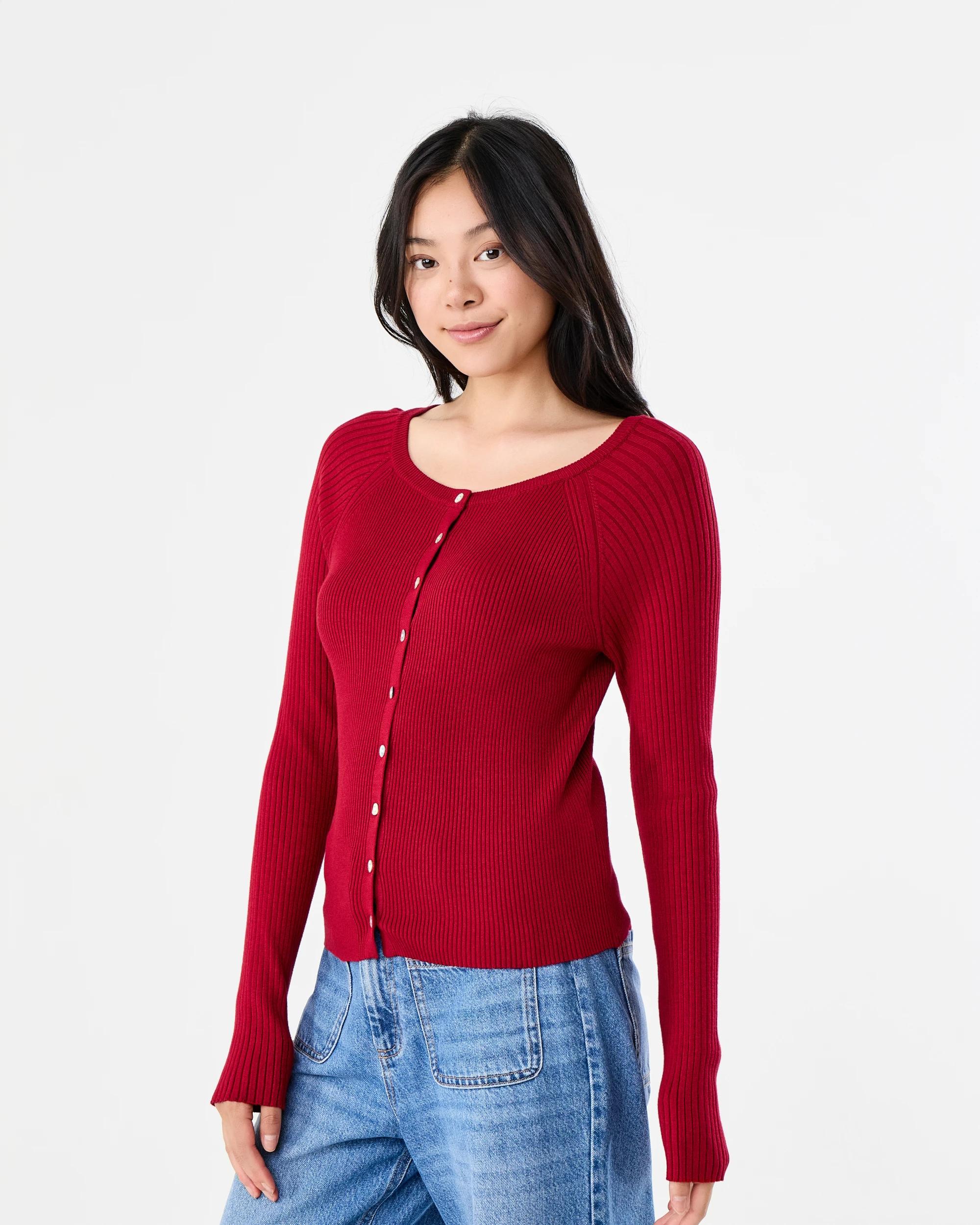 2 Long Sleeve Button Raglan Top Spice Red, 2 of 6