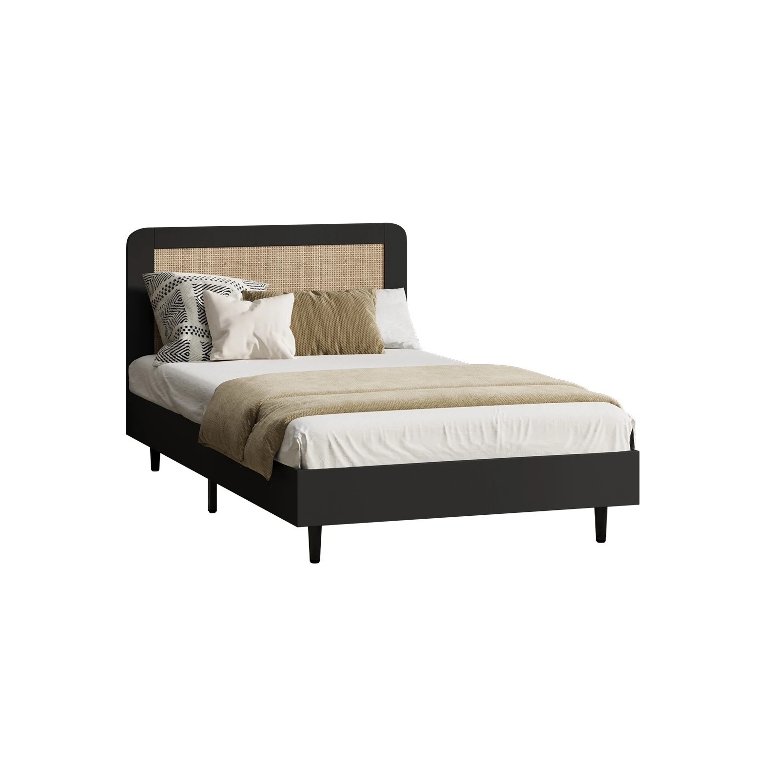 1 Oikiture Bed Frame Single Size Beds Real Rattan Headboard - Black, 1 of 10