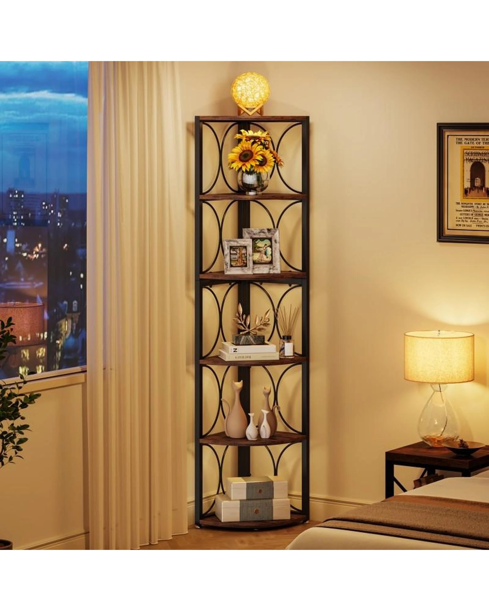 4 OAKORY 6-Tier Corner Shelf Freestanding Storage Rack with Rustic Finish and Metal Frame, 4 of 7