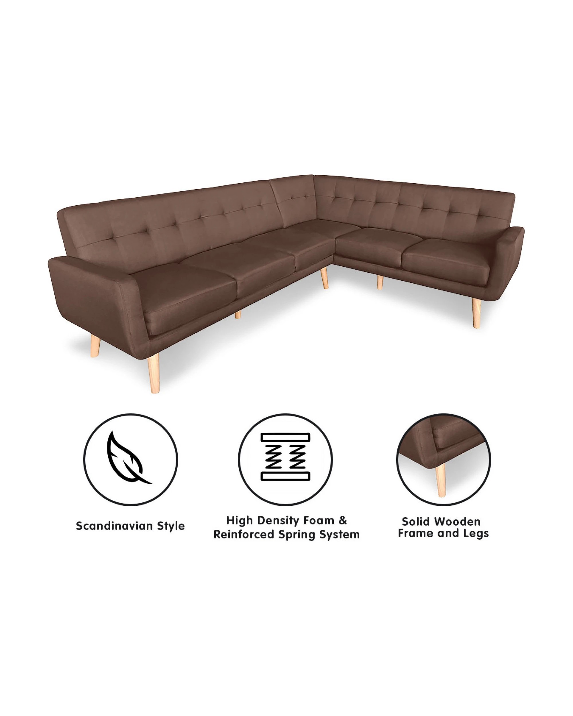 2 Faux Linen Corner Wooden Sofa Lounge L-shaped With Chaise Brown, 2 of 7