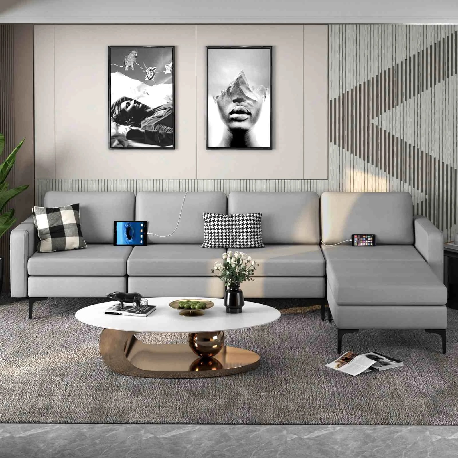 3 Costway L-Shaped Sofa Bed Fabric Modular Lounge Suite Couch Ottoman w/Side Pocket Corner Home Office - Grey, 3 of 4