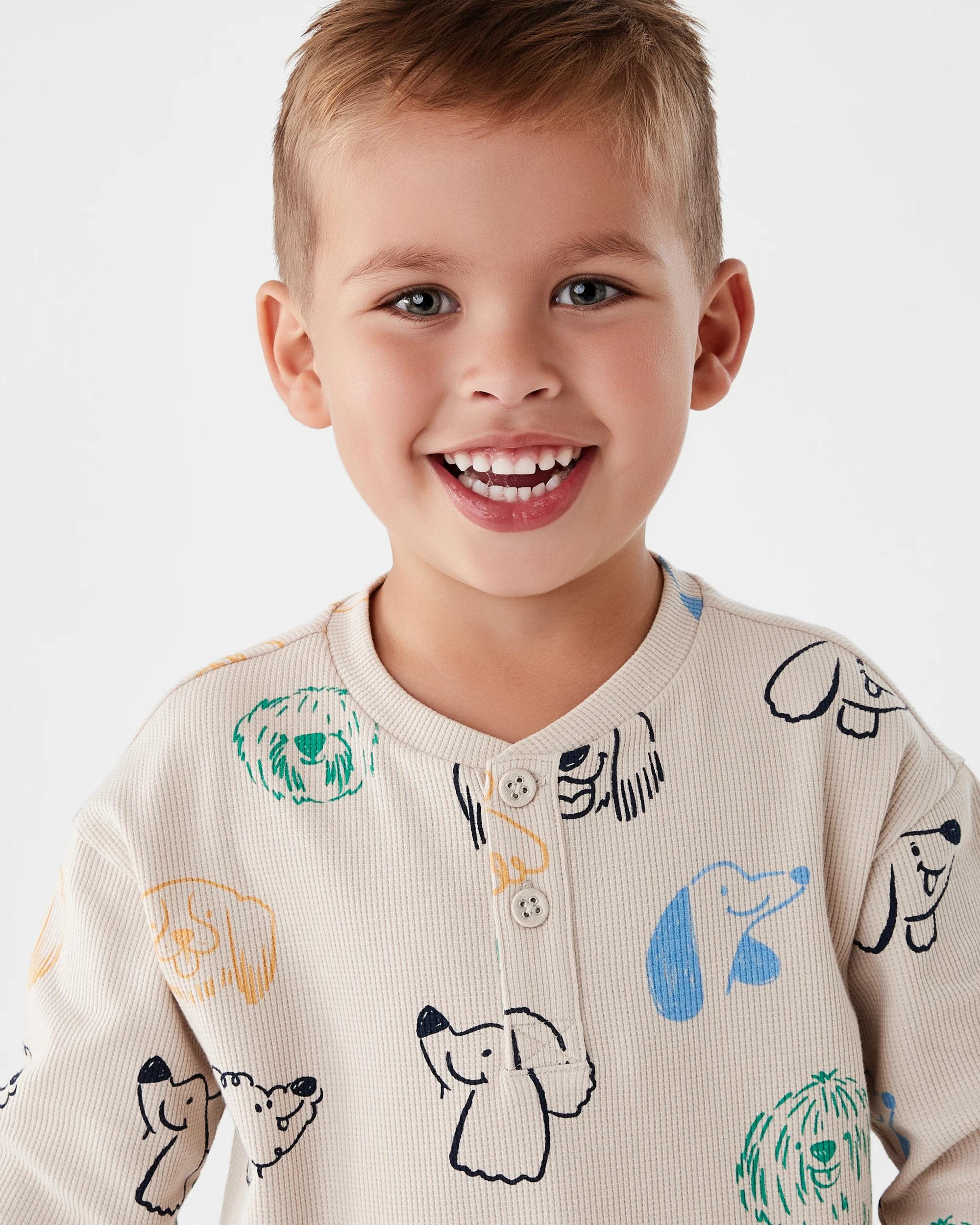 3 Waffle Pyjama Set Beig Dog, 3 of 8