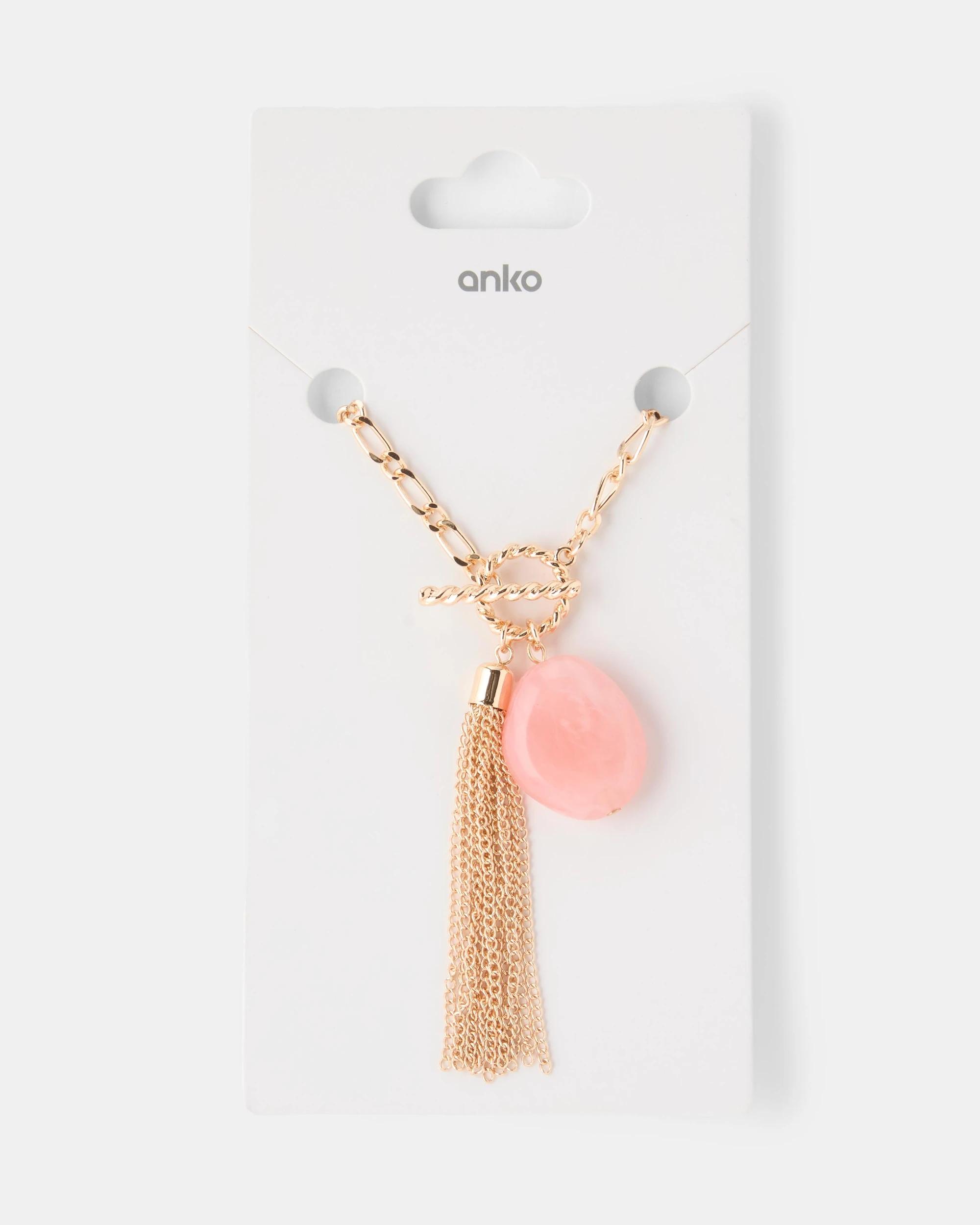 3 Long Pendant Necklace - Pink and Gold Tone Gold, 3 of 3