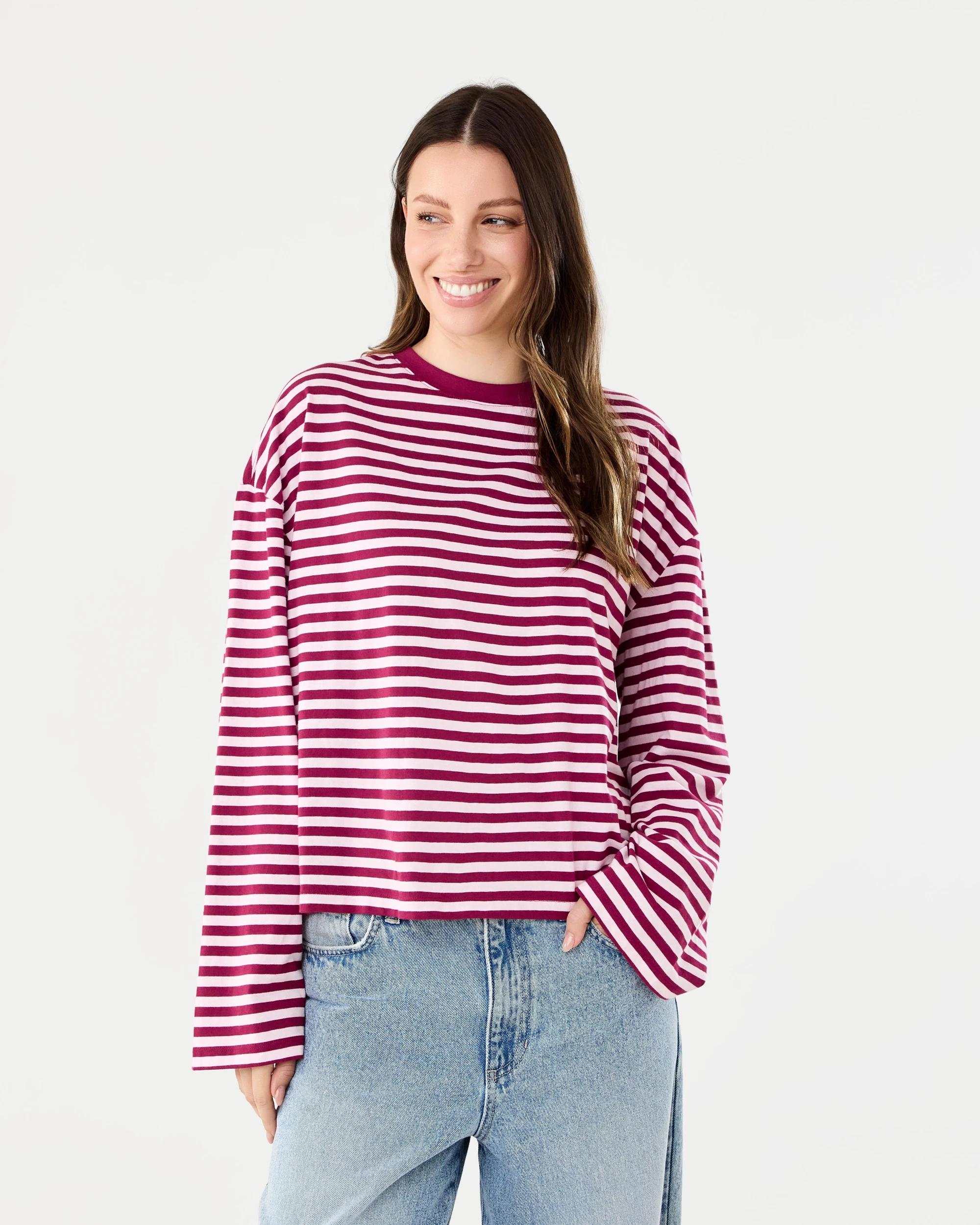 1 Long Sleeve Oversized Boyfriend Print T-shirt Cranstripe, 1 of 6