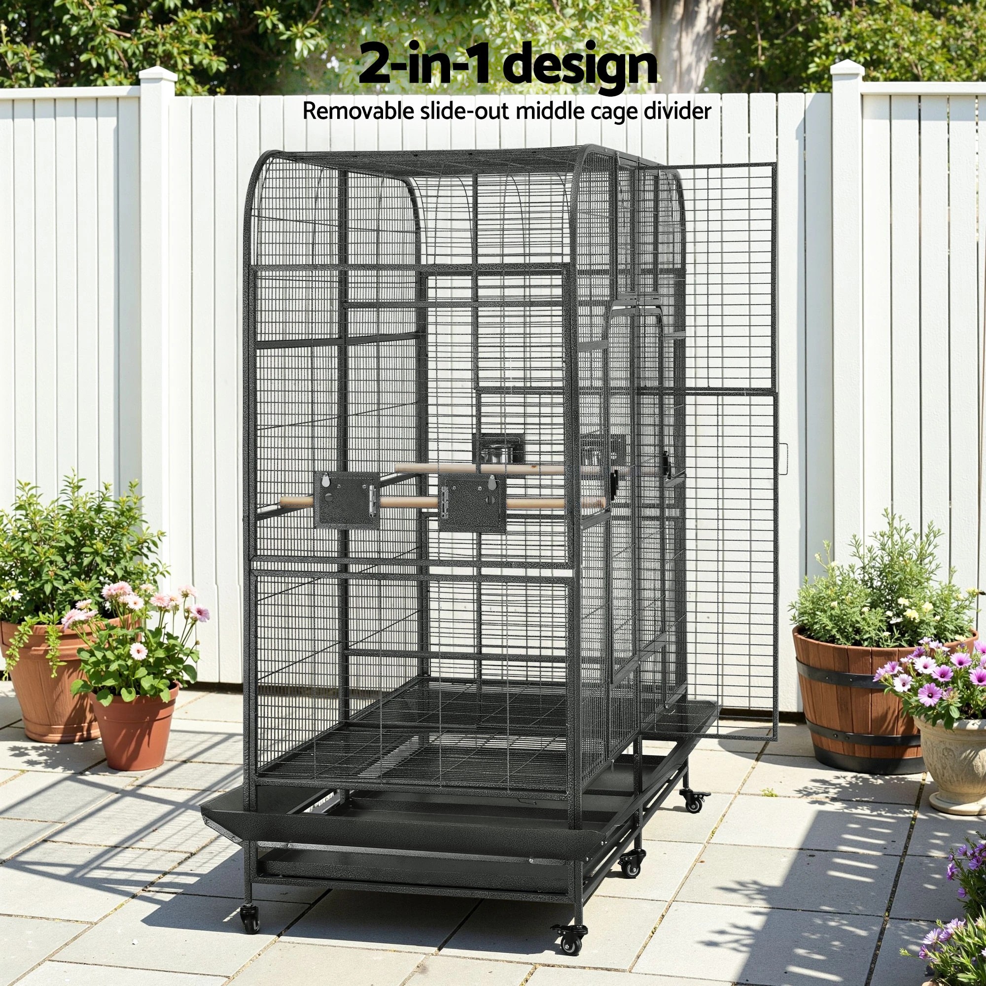 5 i.Pet Bird Cage Extra Large Aviary 185cm Pet Parrot Cage Castor Wheel Removable Divider - Black, 5 of 6