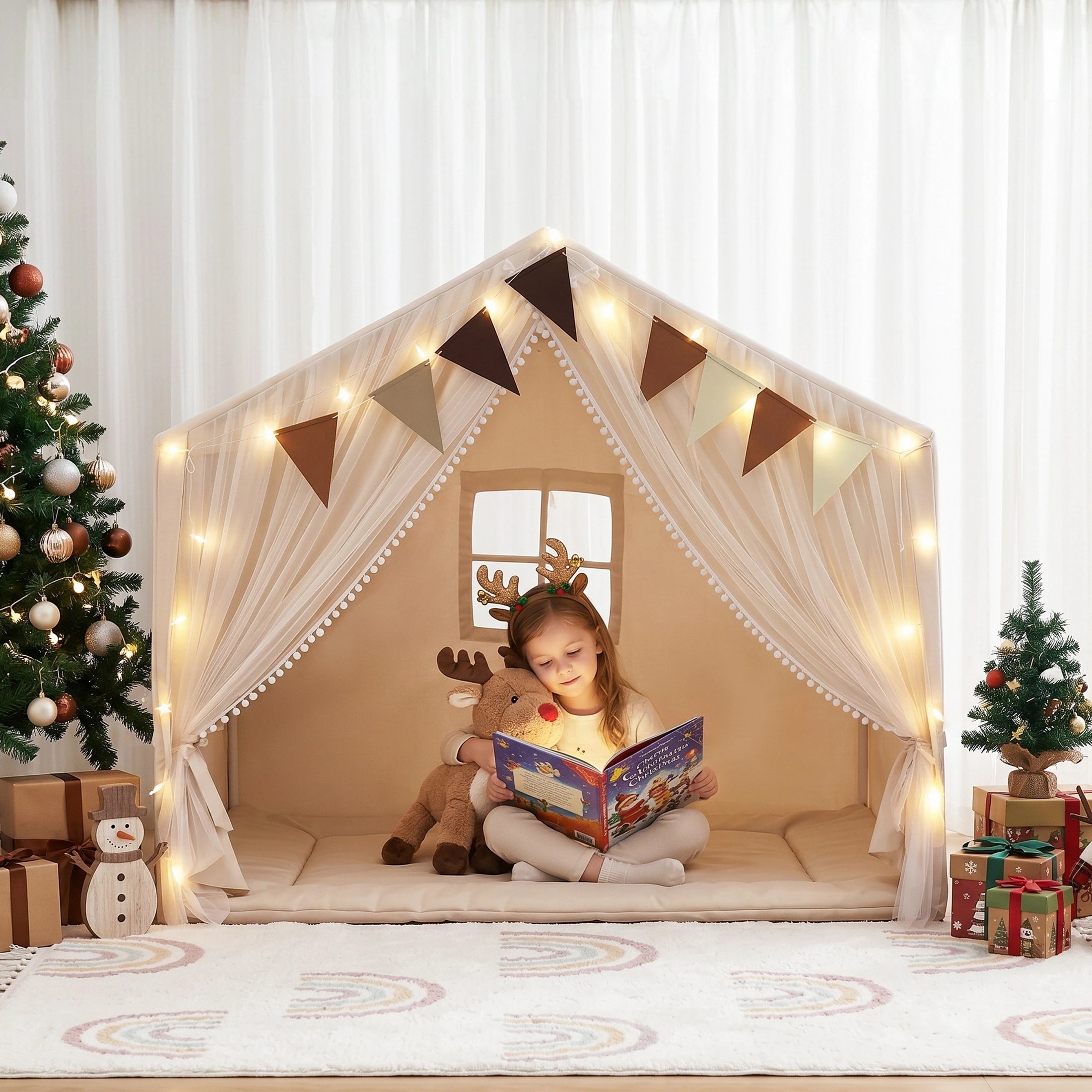 6 Keezi Kids Play Tent with Star Lights, Windows & Flag – 144x95cm Indoor Playhouse - Beige, 6 of 8