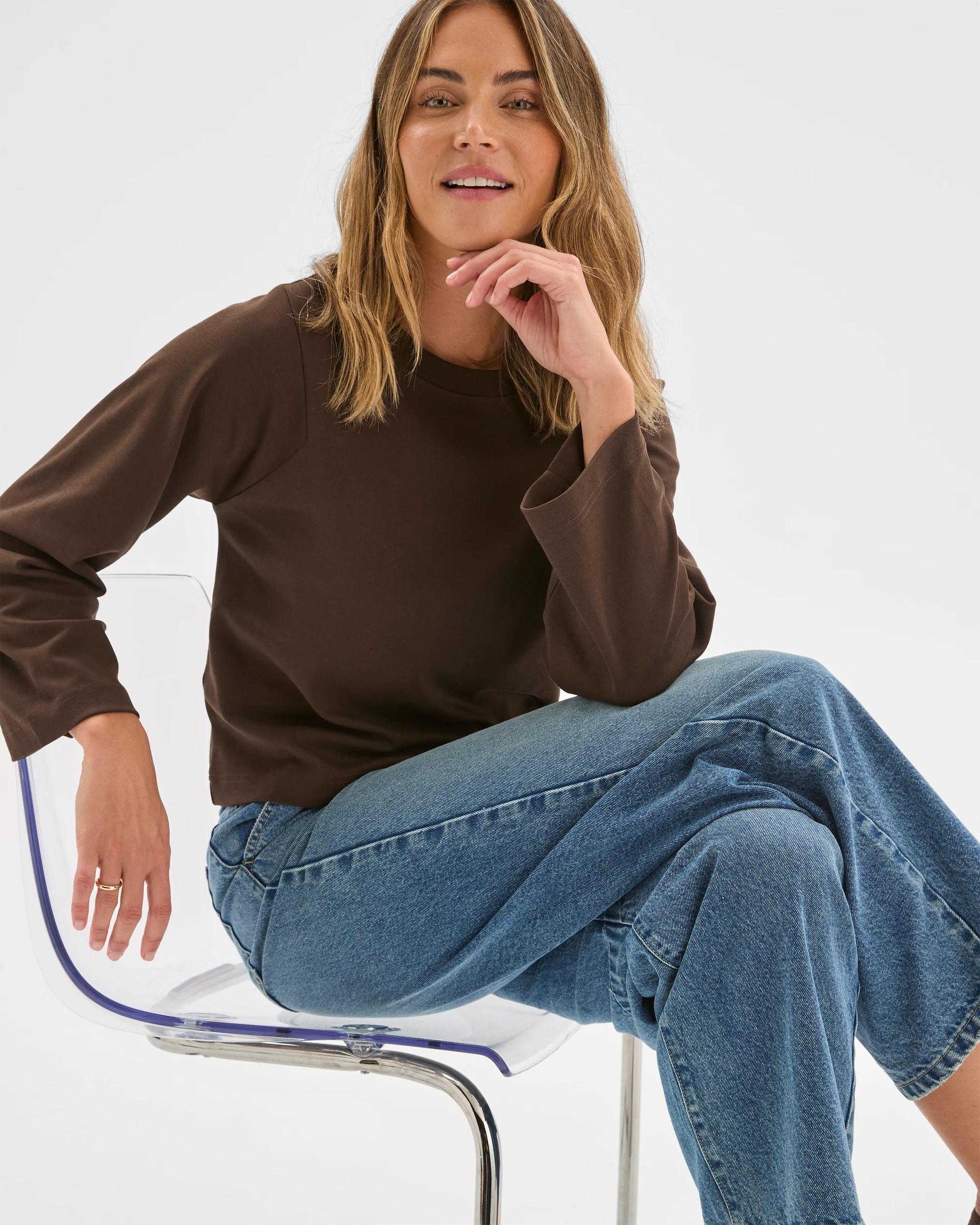 1 Target Woman Australian Cotton Long Sleeve Spliced Top COFFEE BEAN, 1 of 6