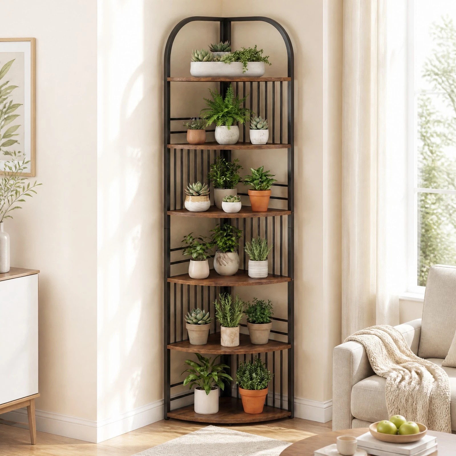 1 Costway 5-Tier Folding Bookshelf Corner Shelf Open Display Rack Metal Shelving Unit Plant Stand - Brown, 1 of 5