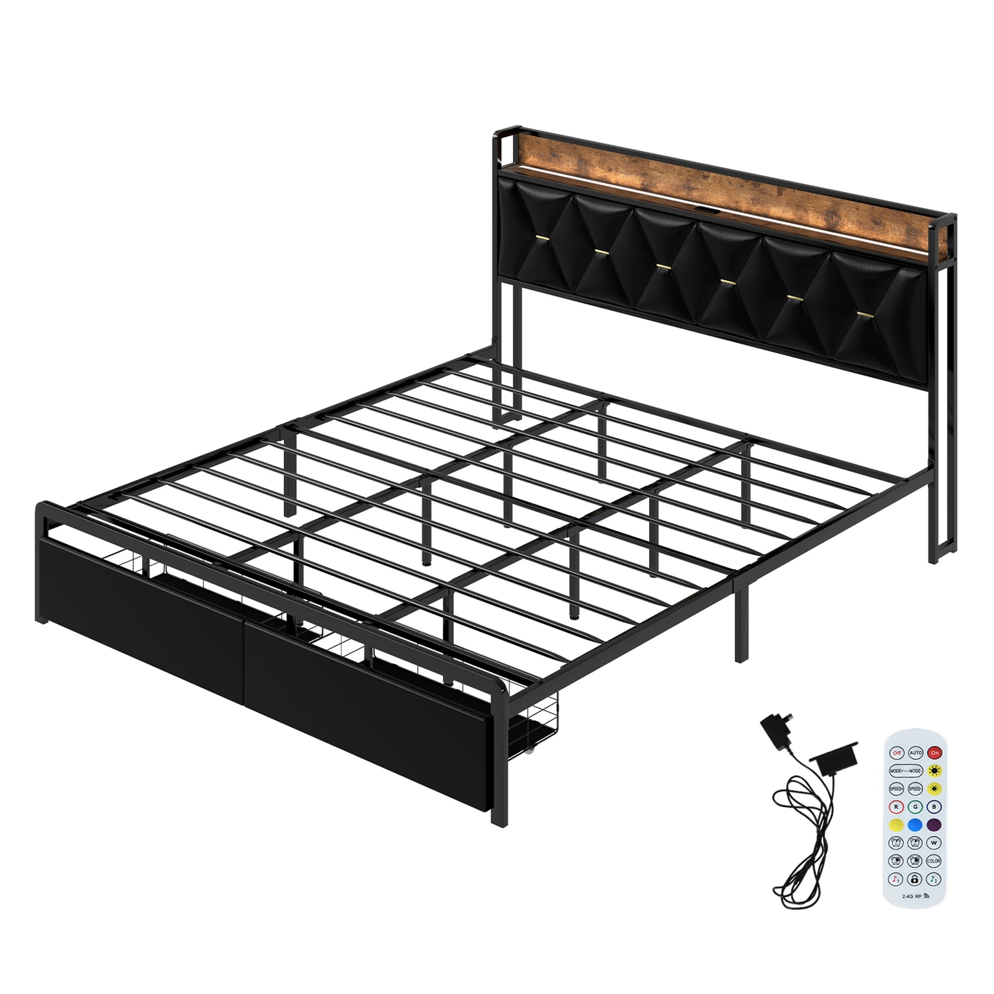 1 Levede King Bed Frame PU with LED and Charging Station - Black, 1 of 9