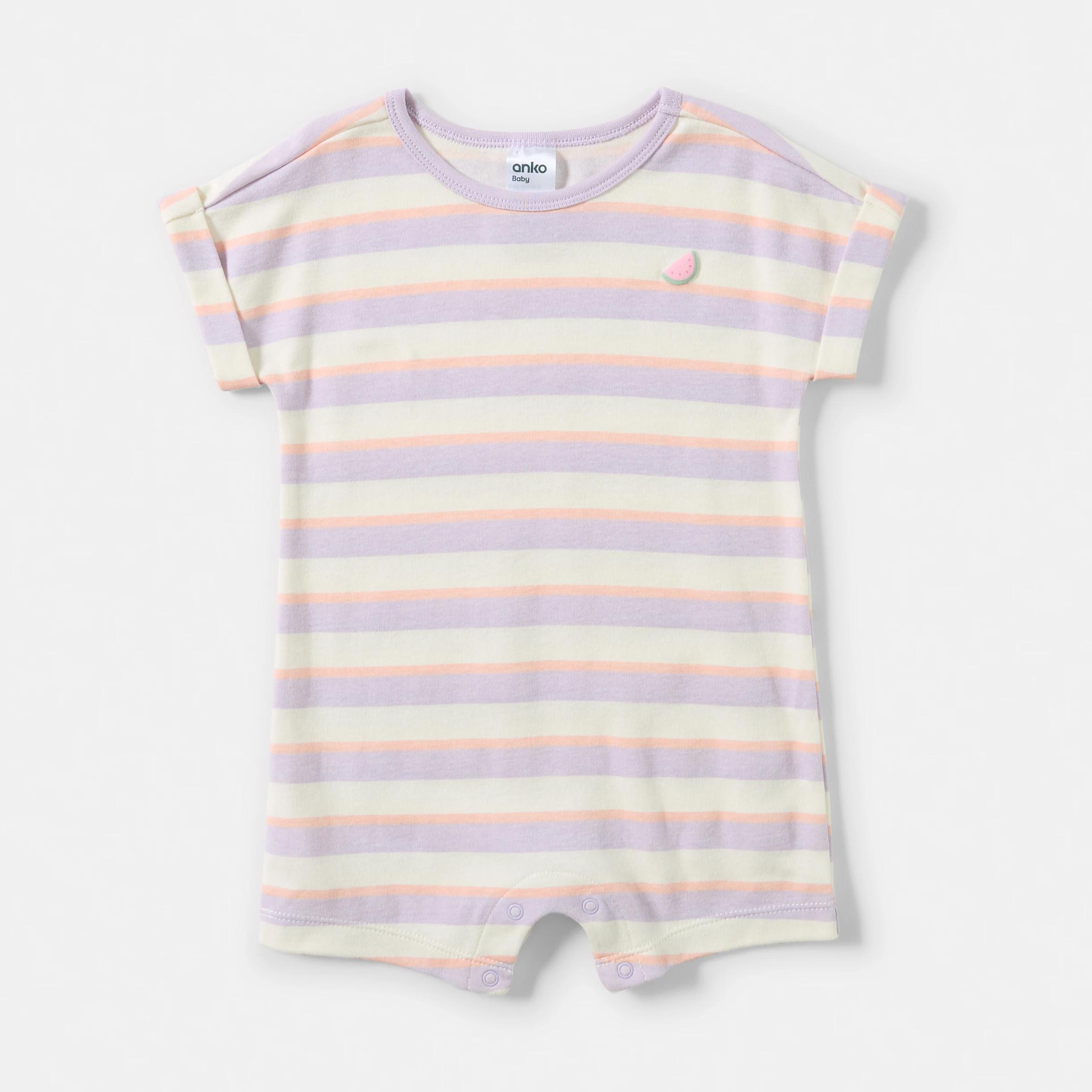 1 Short Sleeve Print Romper LAVENDER STRIPES, 1 of 3