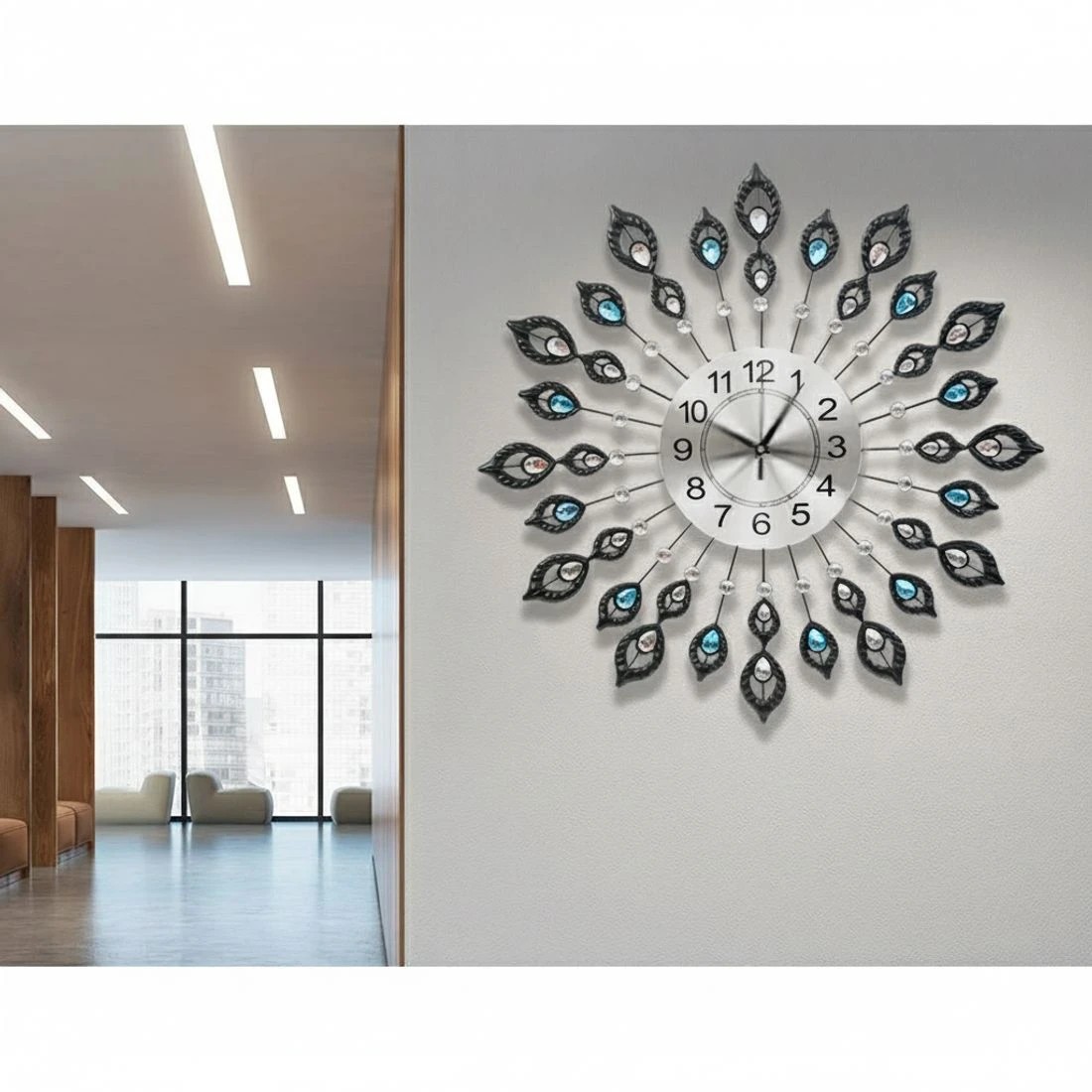 4 Artiss 60cm Wall Clock Large 3D Peacock Crystal - Black, 4 of 5