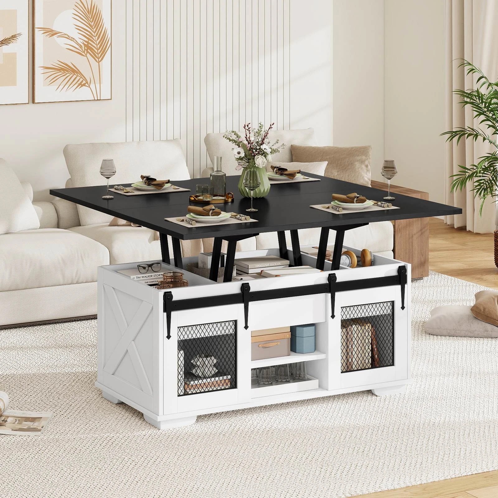 2 Costway Lift Top Coffee Table 3-in-1 Dining Table Farmhouse Center Table, 2 of 4