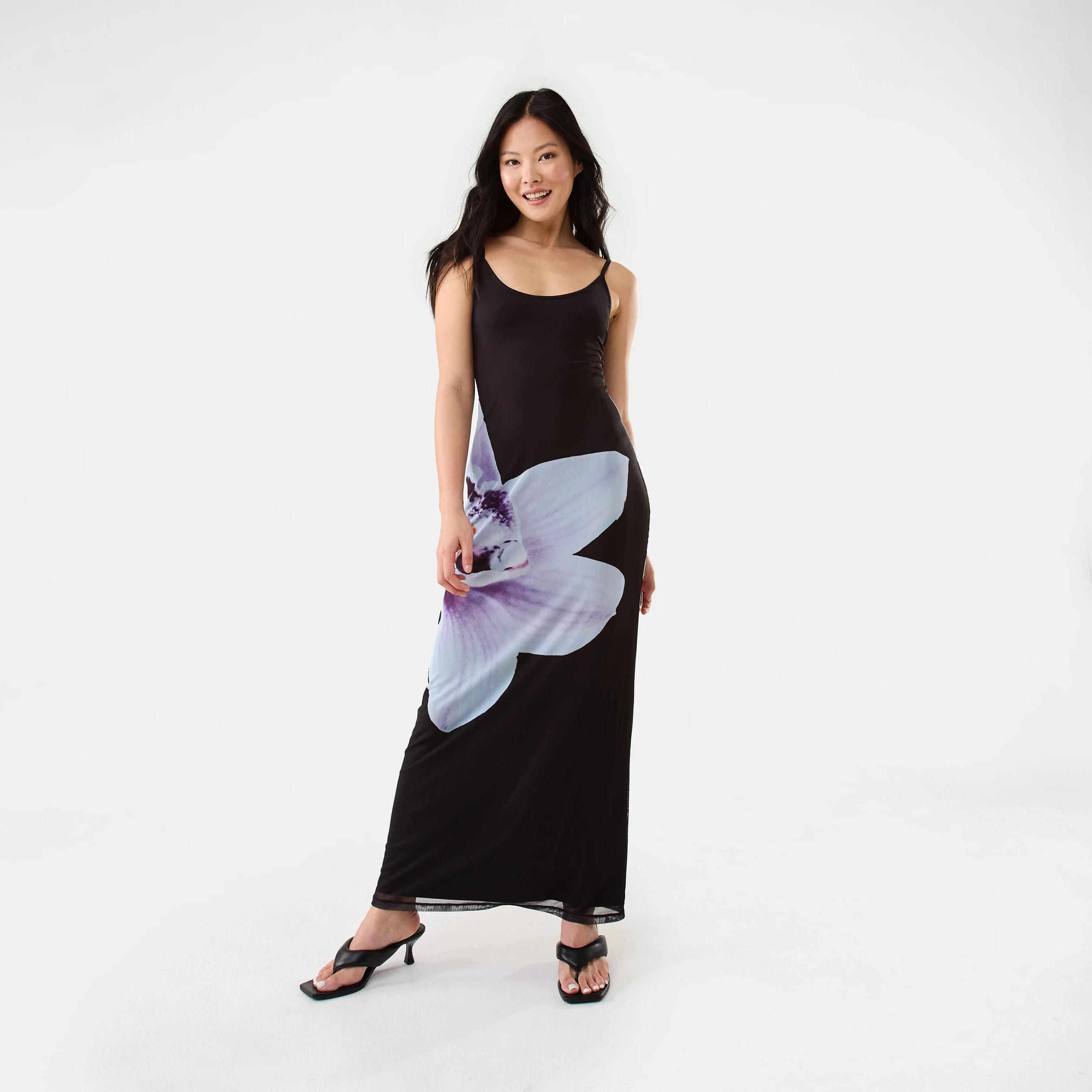 1 Sleeveless Mesh Print Maxi Dress Blk Orchid, 1 of 10