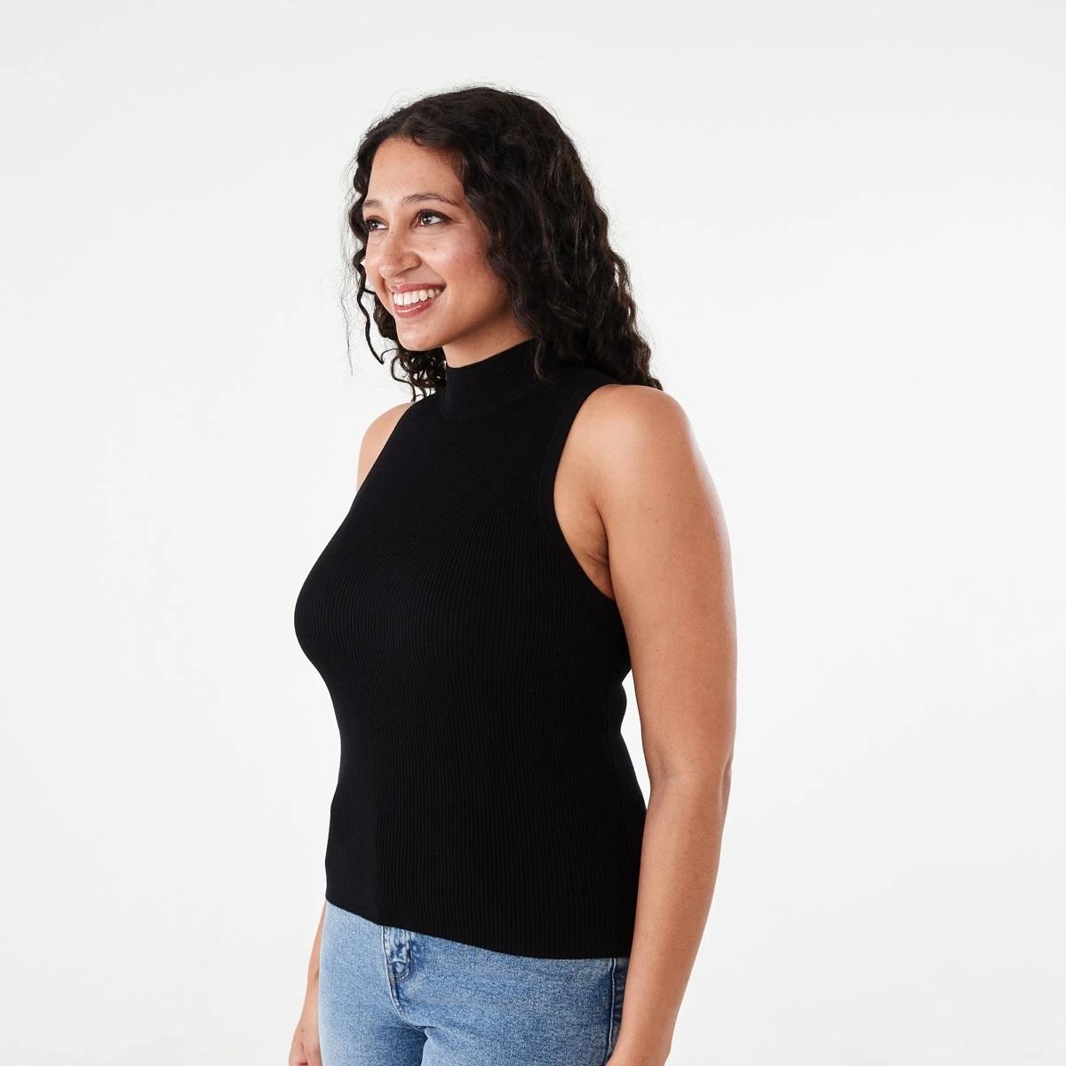 2 Sleeveless Mock Neck Rib Tank Black, 2 of 5
