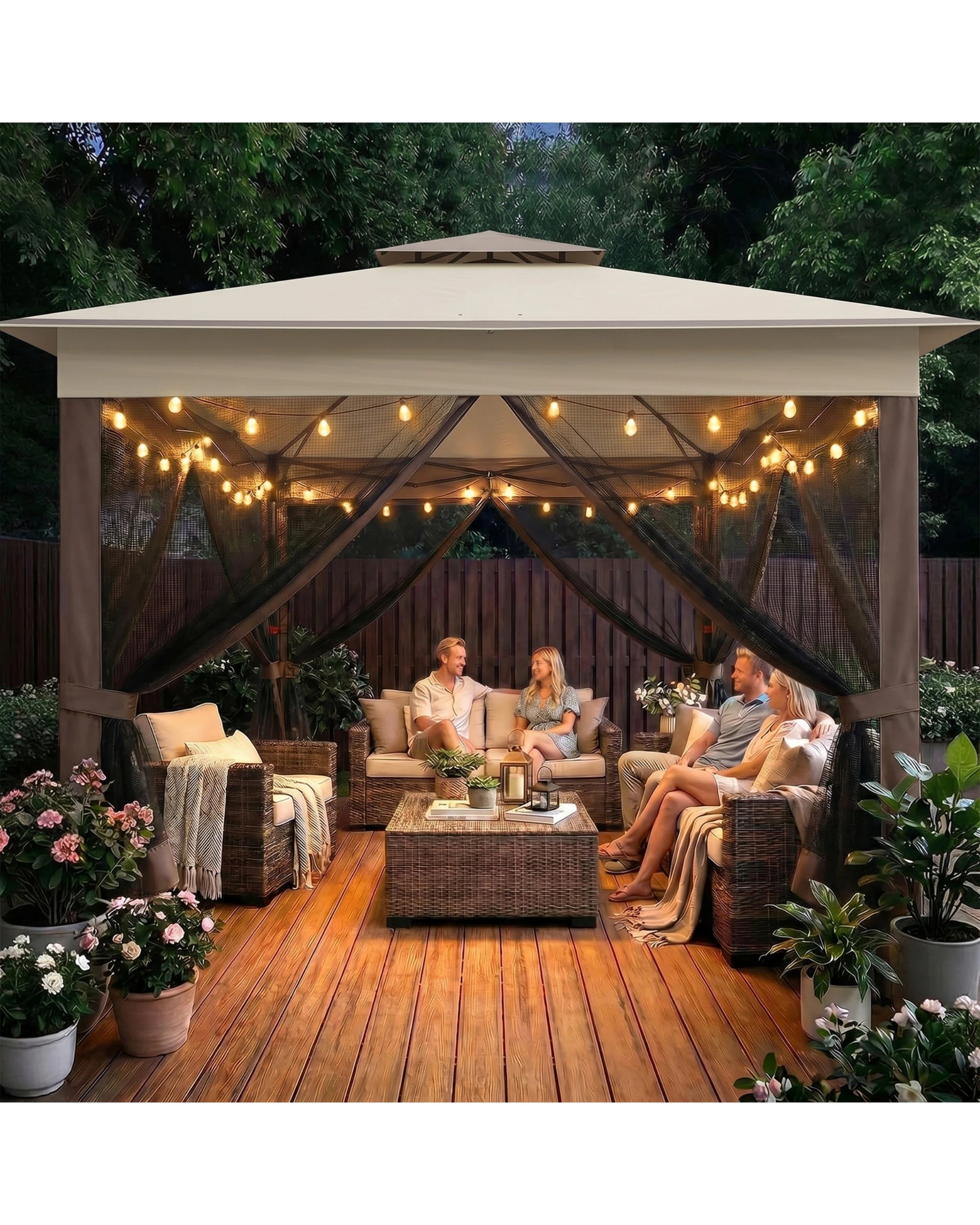 2 Advwin 3.3x3.3m Gazebo Marquee Pop-up Folding Canopy with 4 Mesh Panels - Beige, 2 of 7