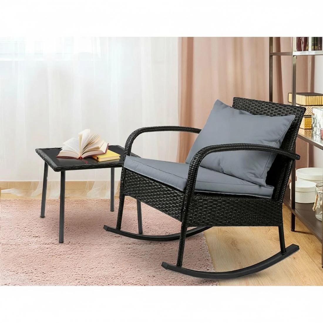 4 Gardeon 2PC Rocking Chair Table Wicker Outdoor Furniture Patio Lounge Setting - Black, 4 of 6